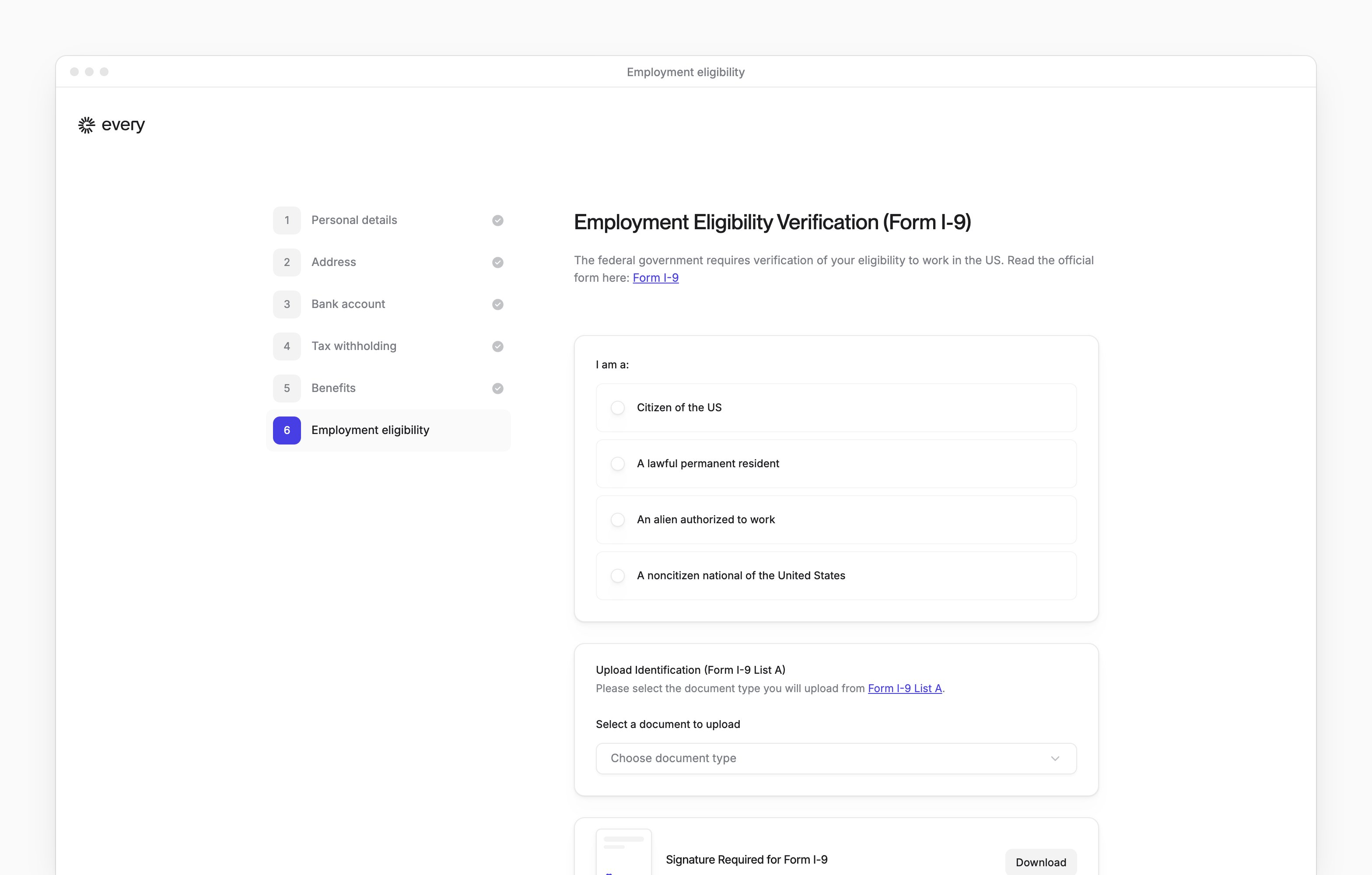 The Employment eligibility step of onboarding, with Form I-9's citizenship choices and the steps before it.