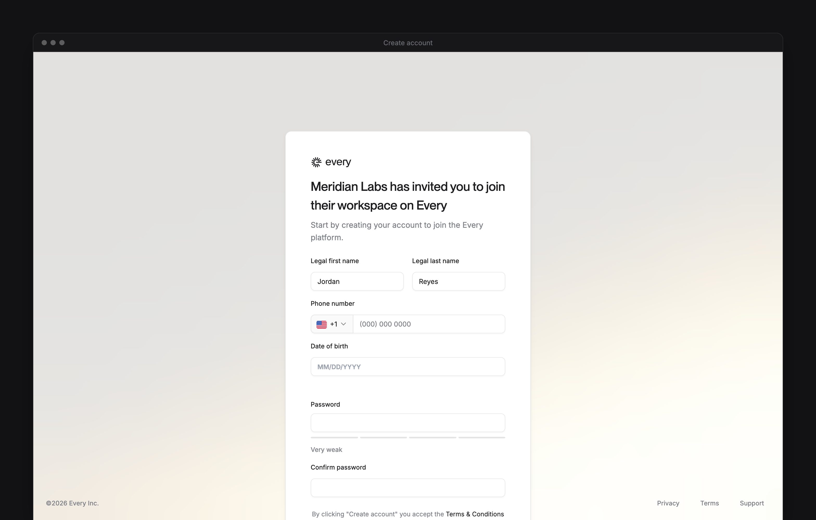 The invitation page, Meridian Labs has invited you to join their workspace on Every, with your legal name filled in.
