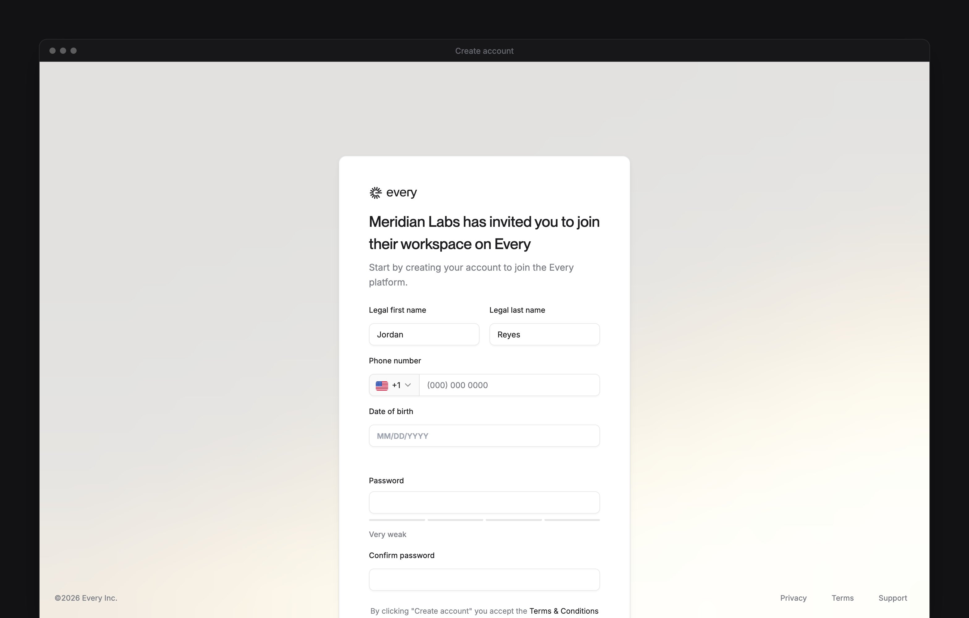 The invitation page, Meridian Labs has invited you to join their workspace on Every, with your legal name filled in.
