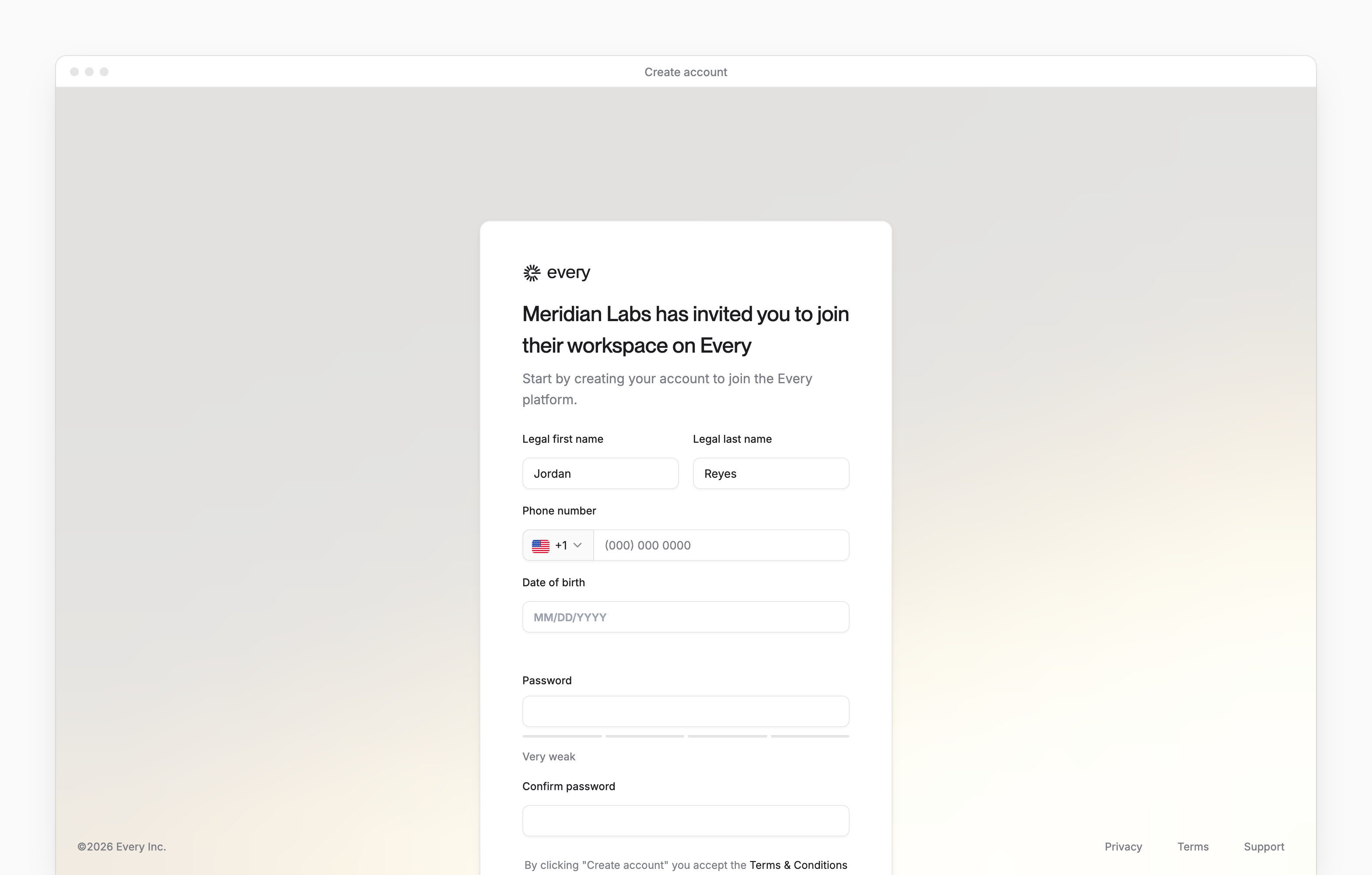 The invitation page, Meridian Labs has invited you to join their workspace on Every, with your legal name filled in.