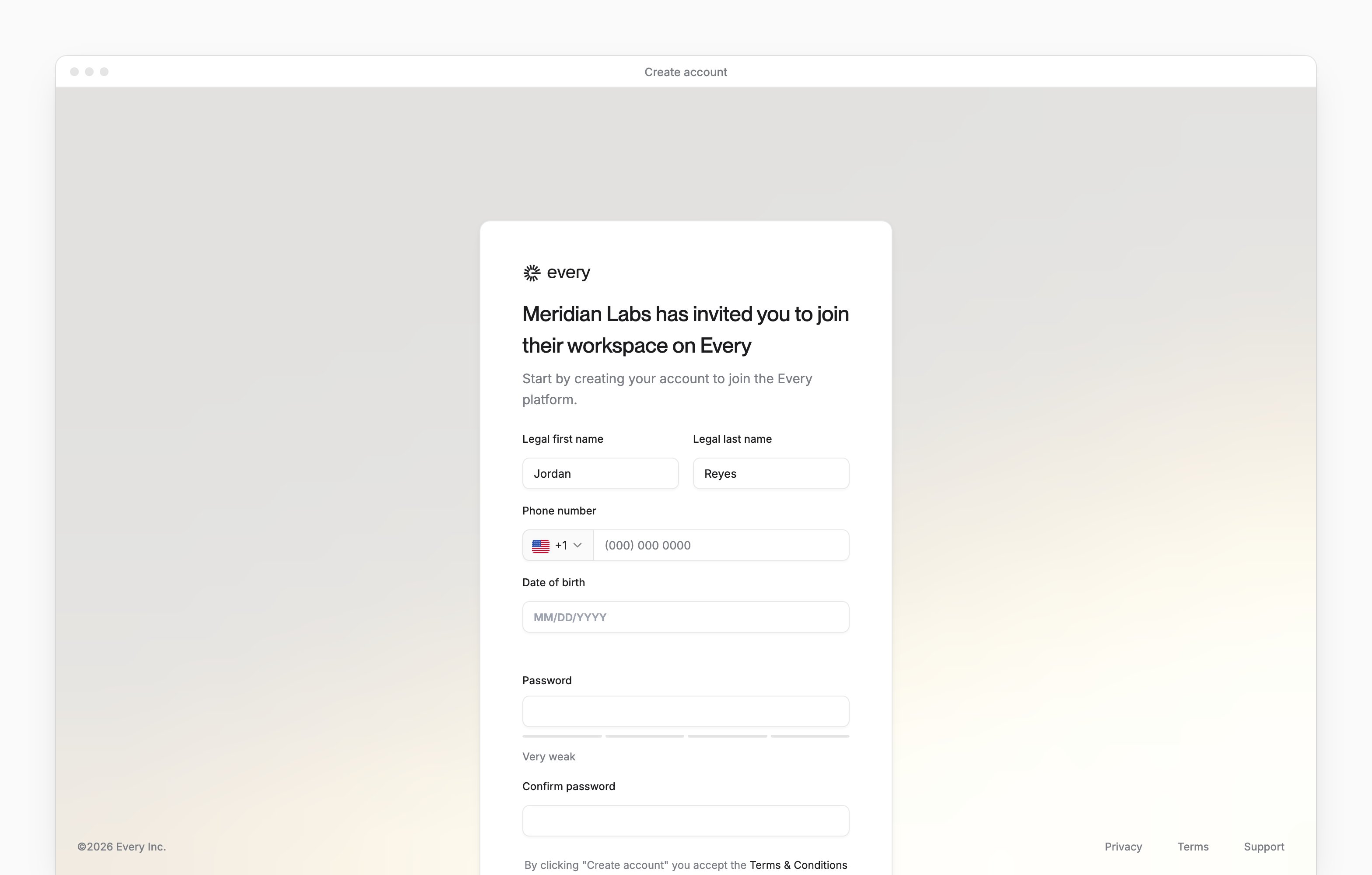 The invitation page, Meridian Labs has invited you to join their workspace on Every, with your legal name filled in.
