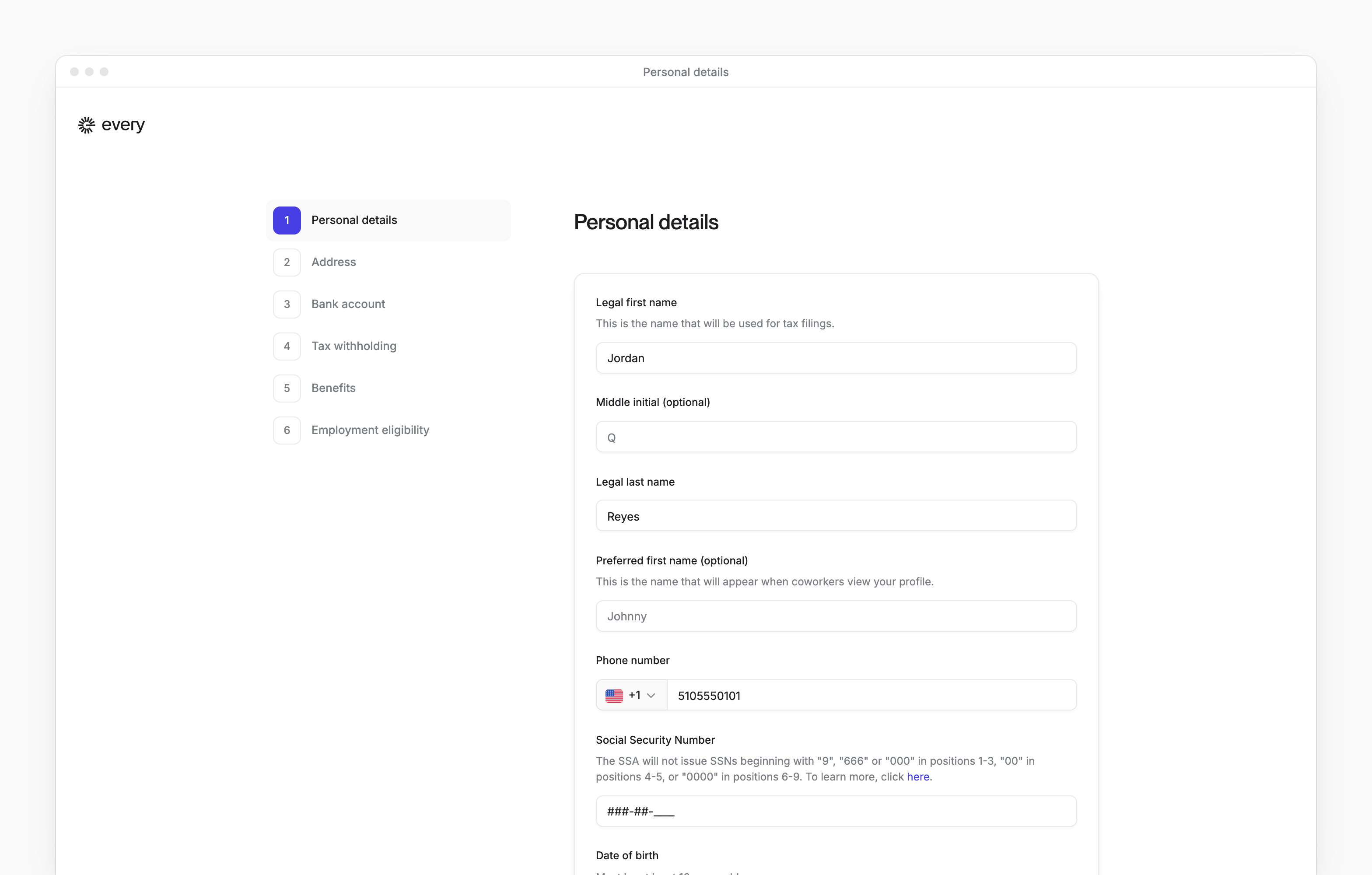 Employee onboarding on Personal details, with your legal name and the steps that follow listed beside it.