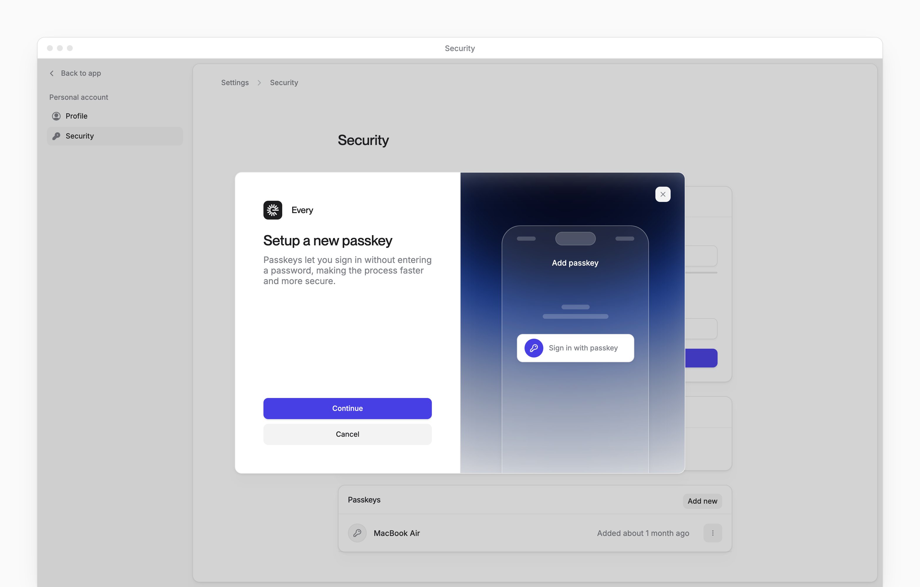 The Setup a new passkey dialog on the Security page, with Continue.