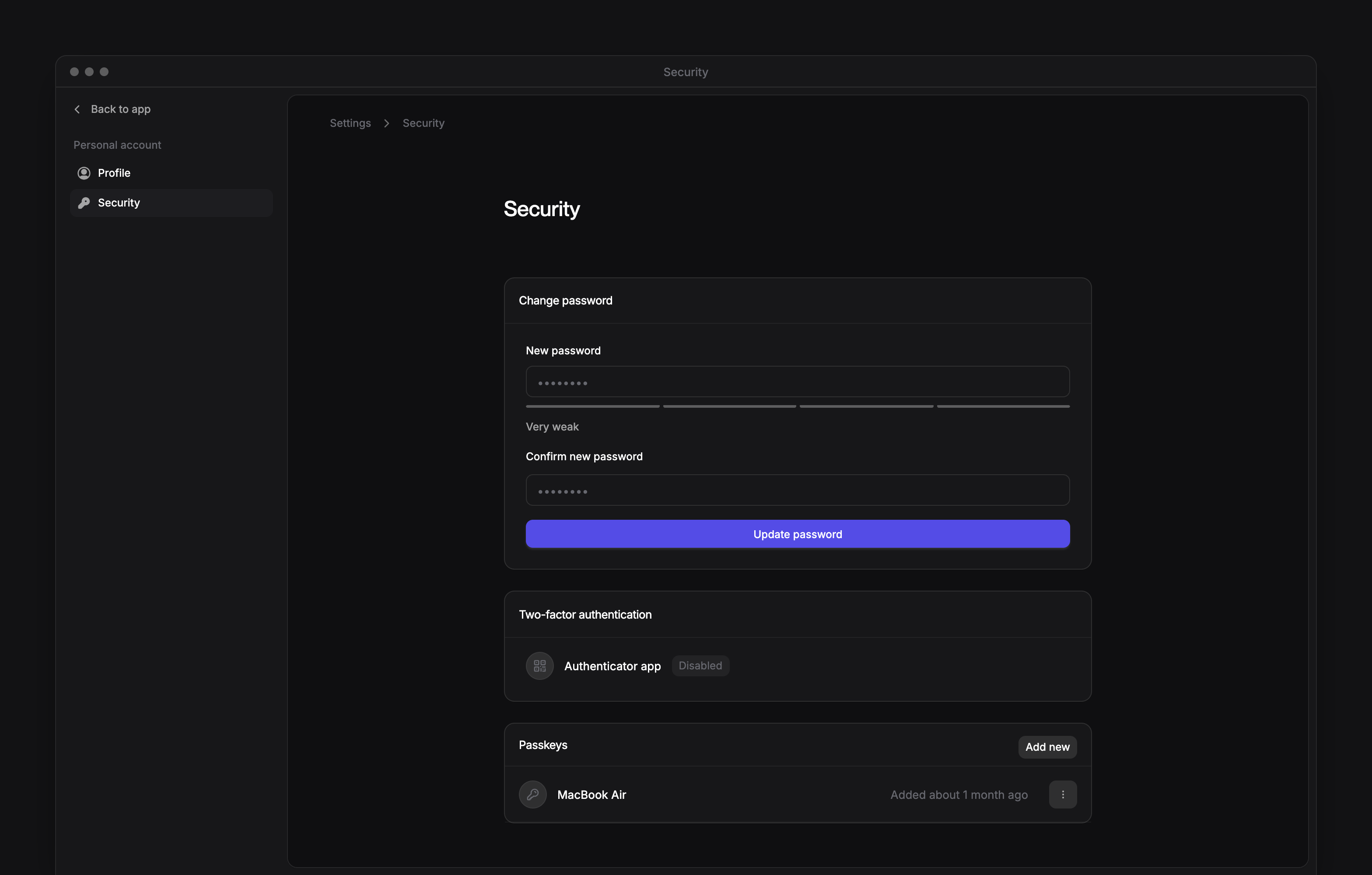 The Security page in My account, with Change password, two-factor authentication and a saved passkey.