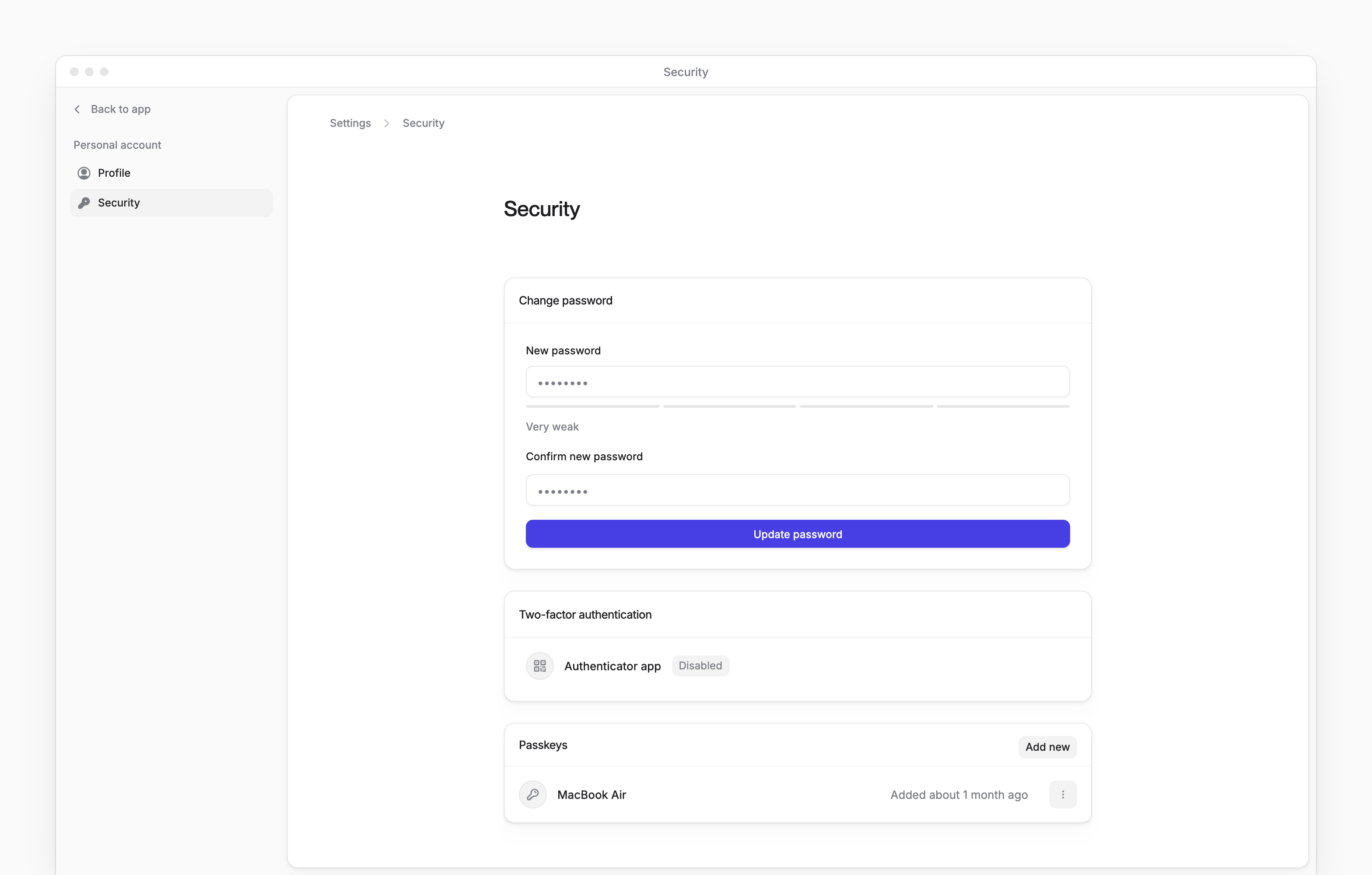 The Security page in My account, with Change password, two-factor authentication and a saved passkey.