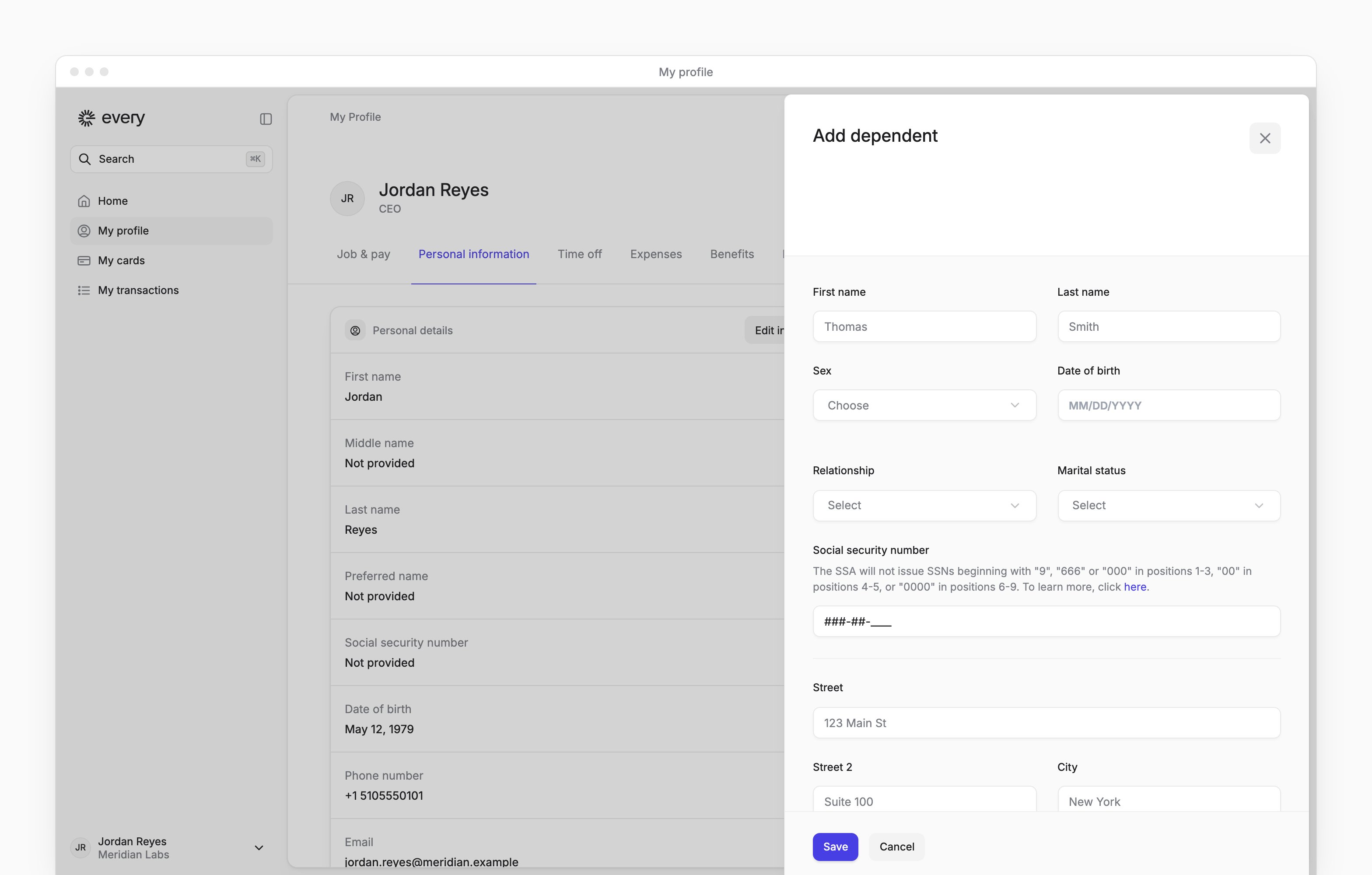 The Add dependent sheet on My profile, with the dependent's personal and address details to fill in.