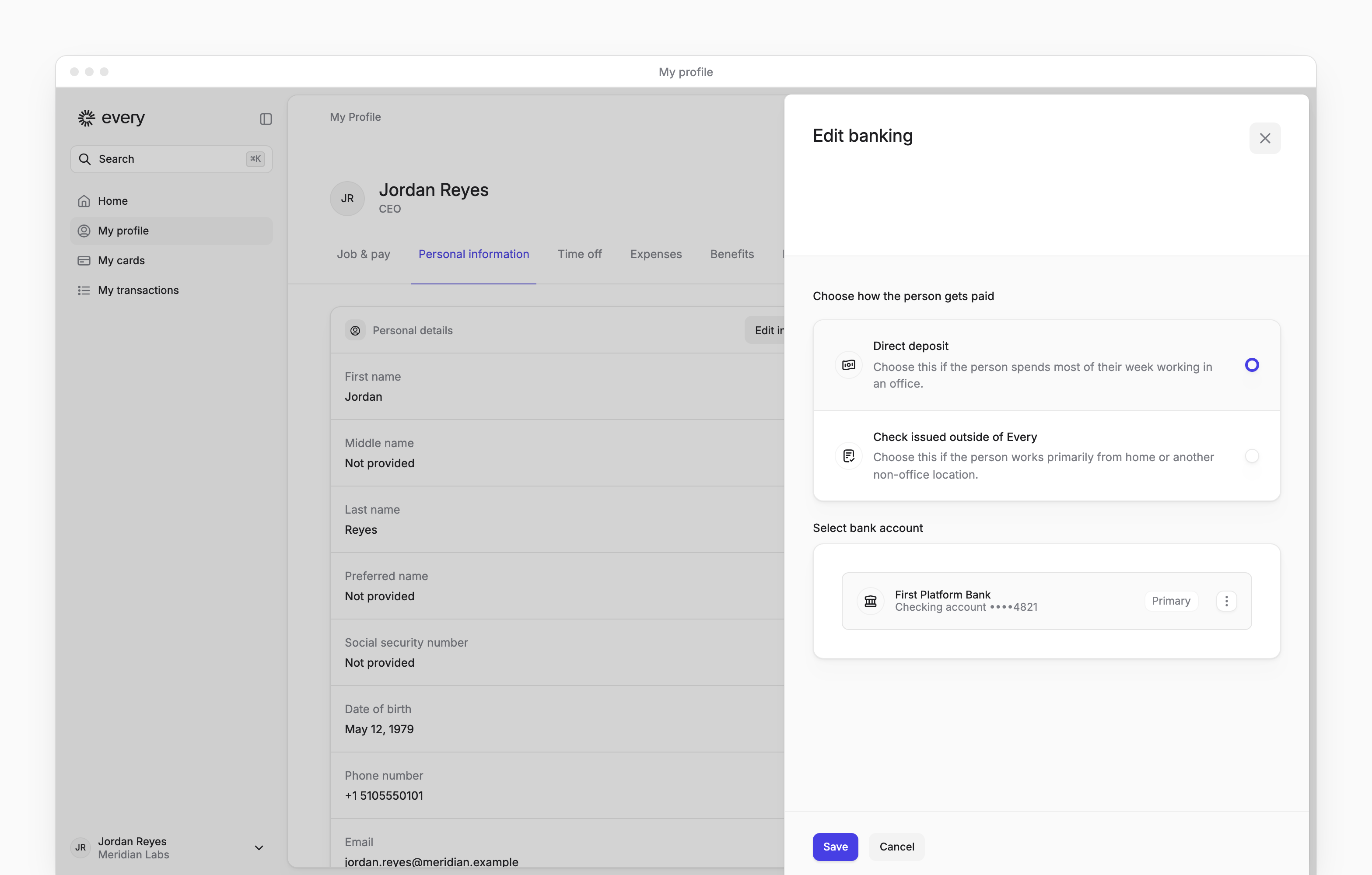 The Edit banking sheet on My profile, with Direct deposit chosen and your bank account under Select bank account.