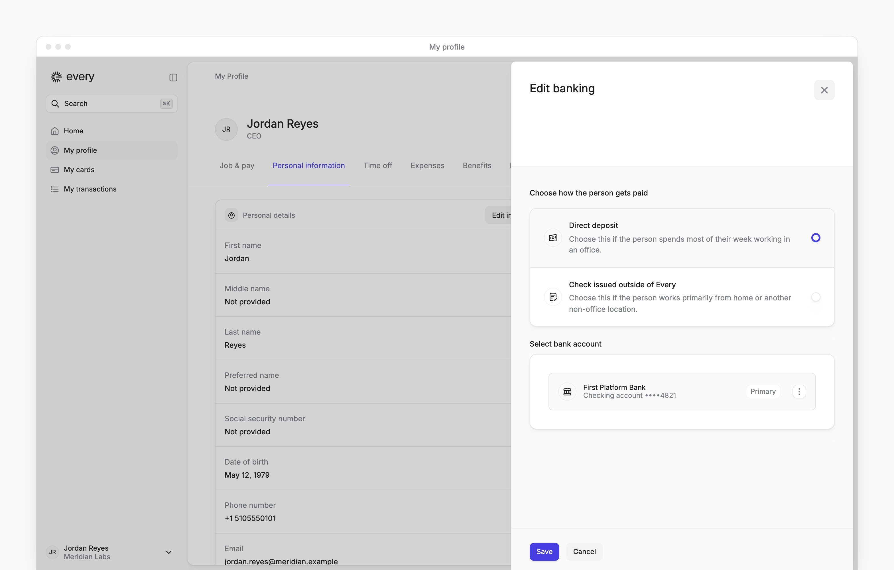 The Edit banking sheet on My profile, with Direct deposit chosen and your bank account under Select bank account.