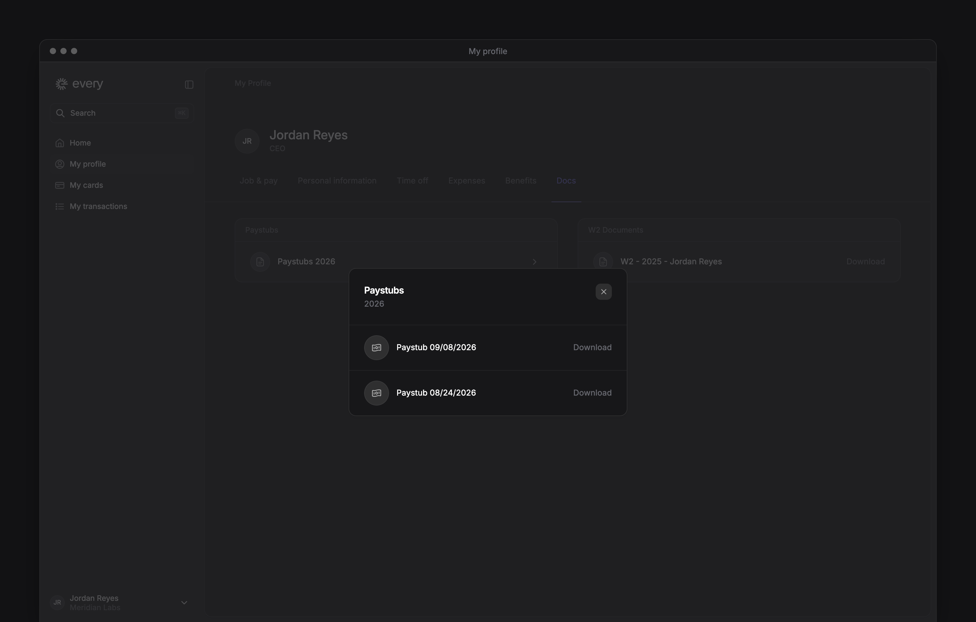 The Paystubs dialog on My profile's Docs tab, listing your pay dates with a Download button for each.