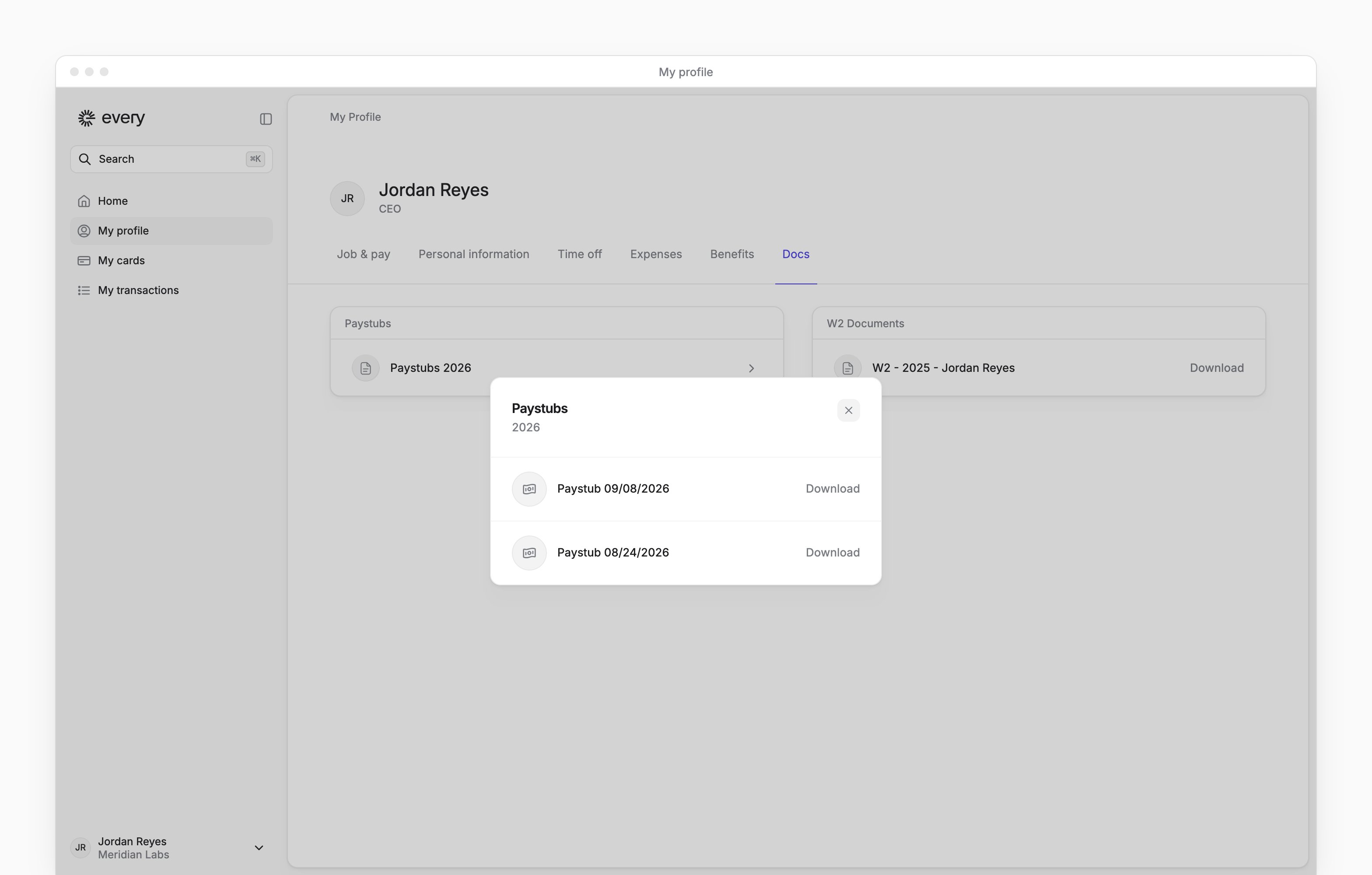 The Paystubs dialog on My profile's Docs tab, listing your pay dates with a Download button for each.