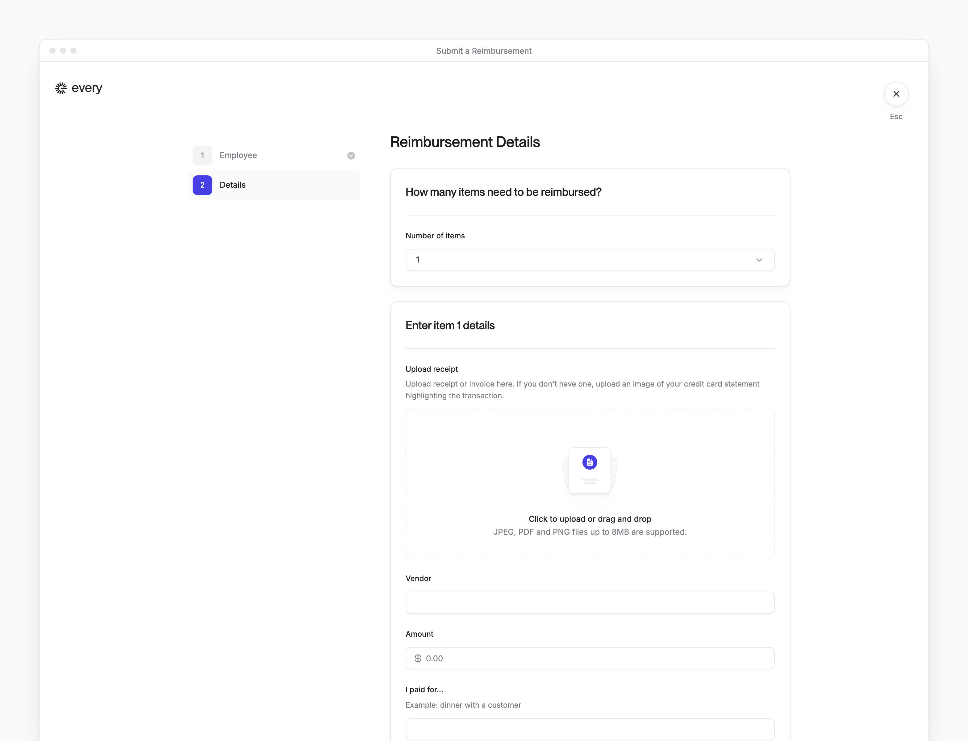 The Details step of Submit a Reimbursement, with one item's receipt upload, vendor, amount and category fields.