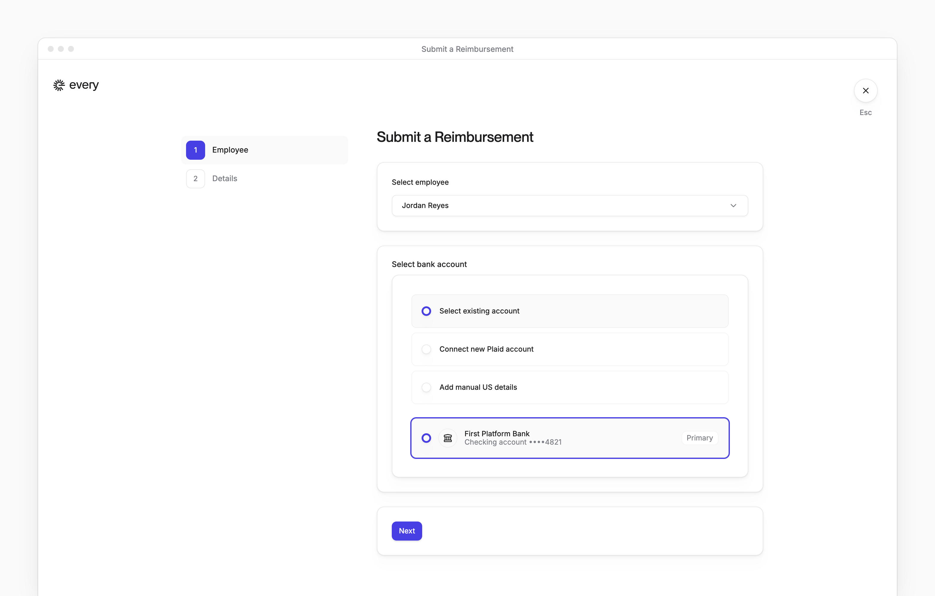 The first step of Submit a Reimbursement, with your name in Select employee and your bank account on file selected.
