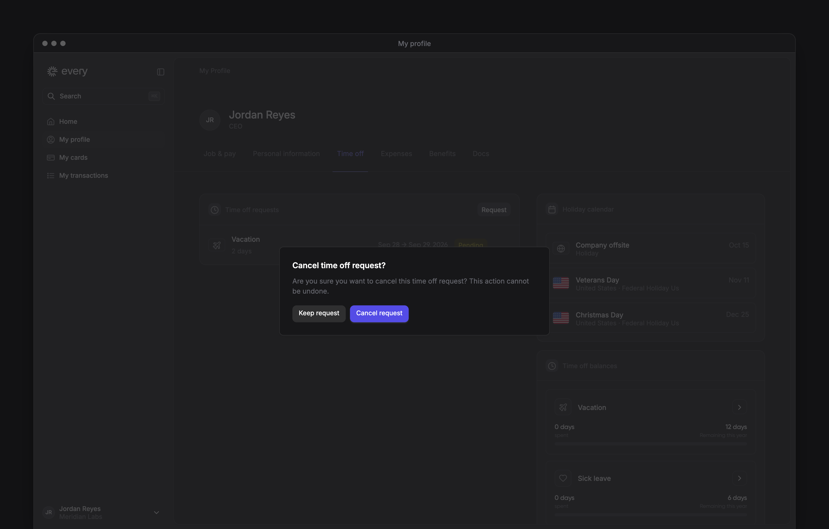 The Cancel time off request? confirmation on the Time off tab, with Keep request and Cancel request.
