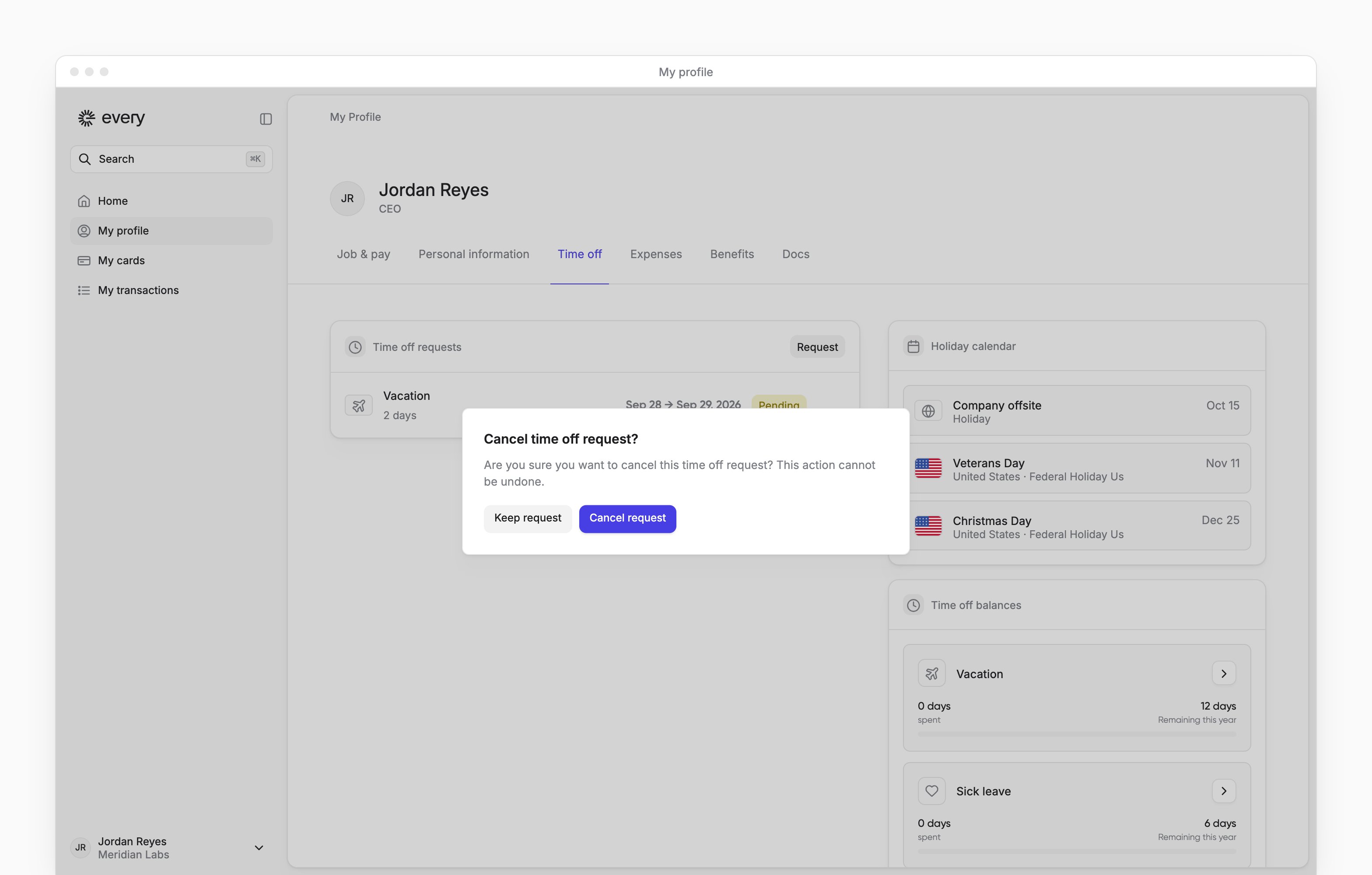 The Cancel time off request? confirmation on the Time off tab, with Keep request and Cancel request.