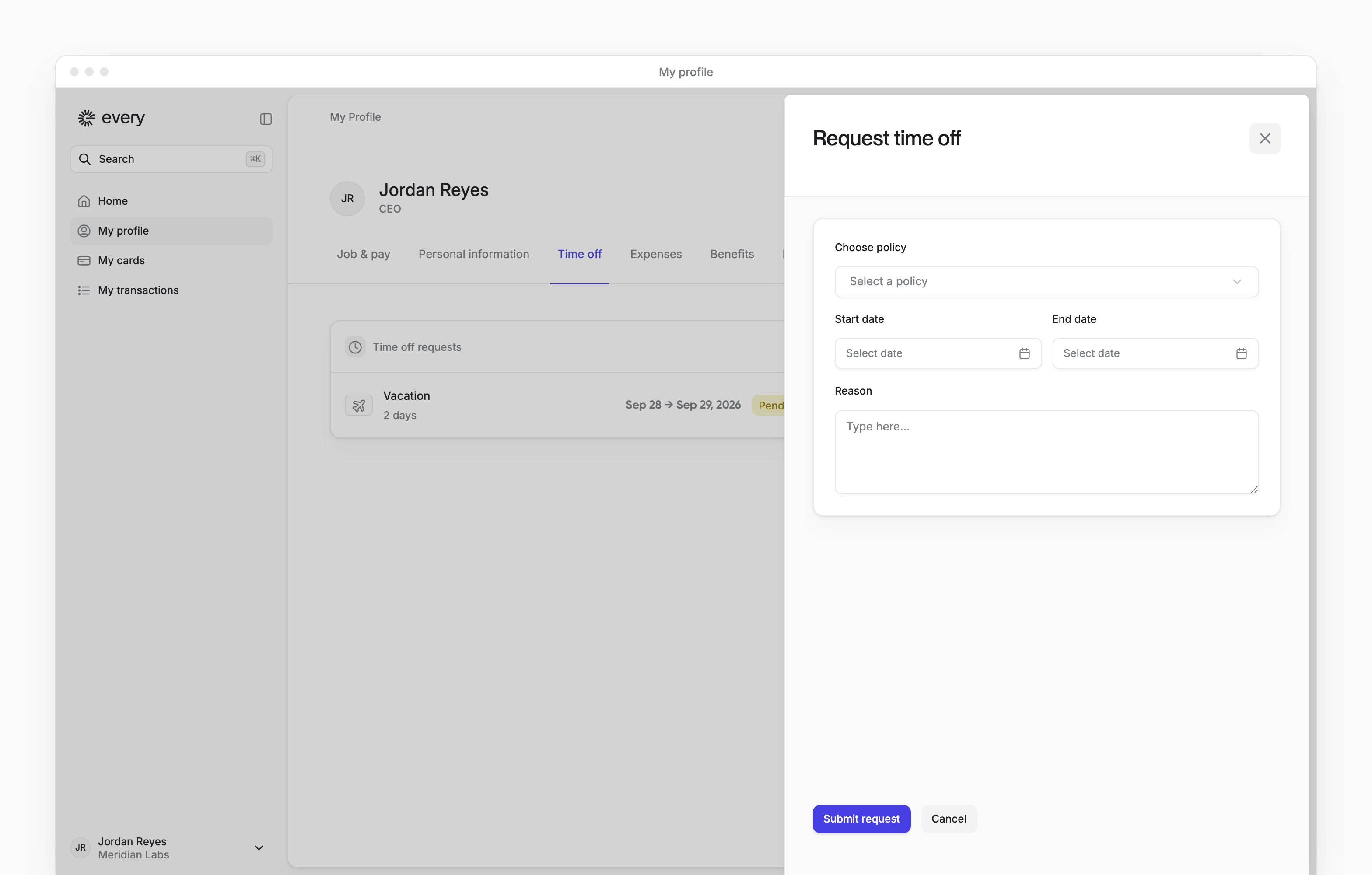 The Request time off sheet on My profile, with Choose policy, the dates and a reason.