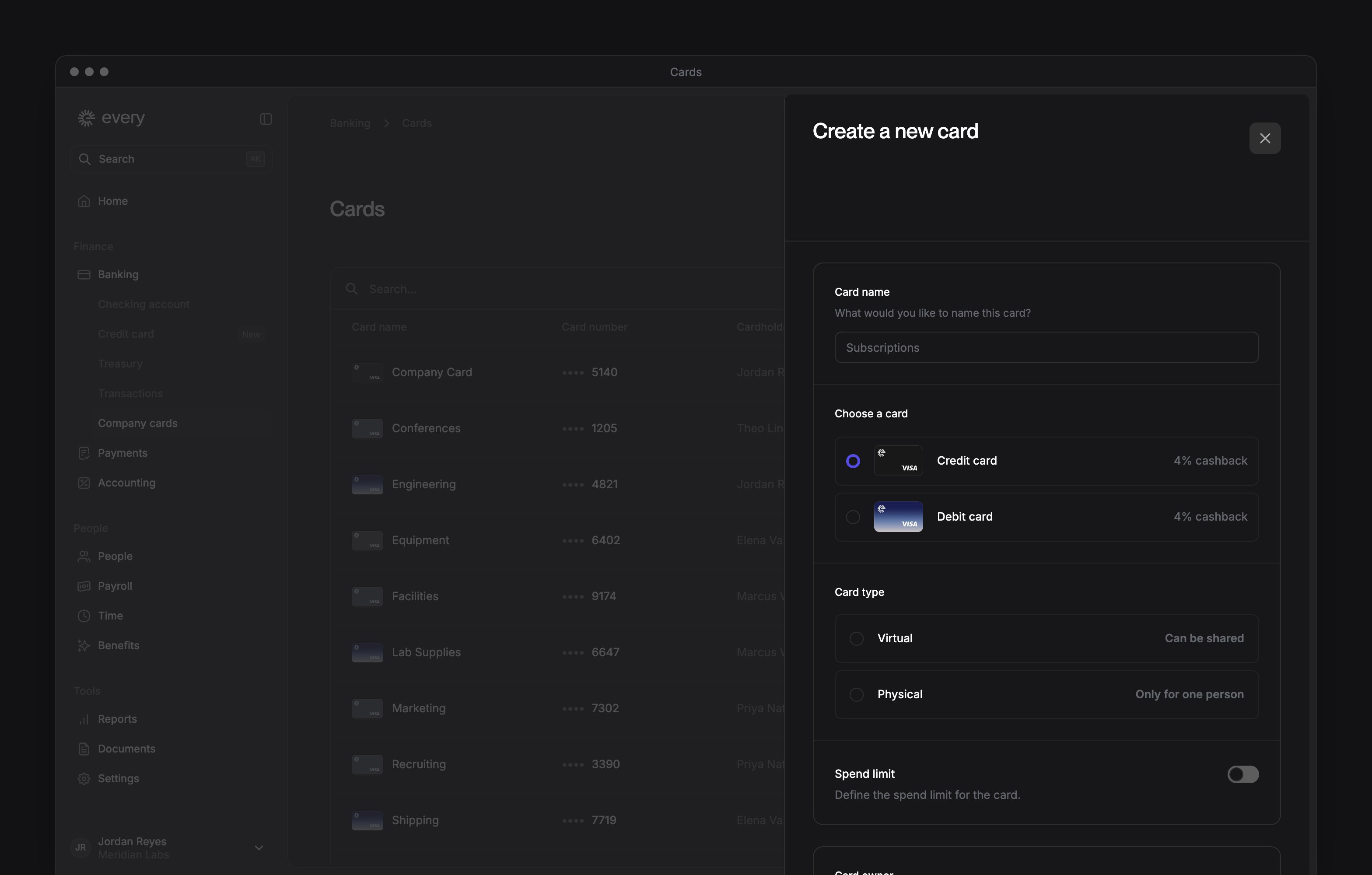 The Create a new card sheet, with the card name, credit or debit, card type, spend limit and card owner.