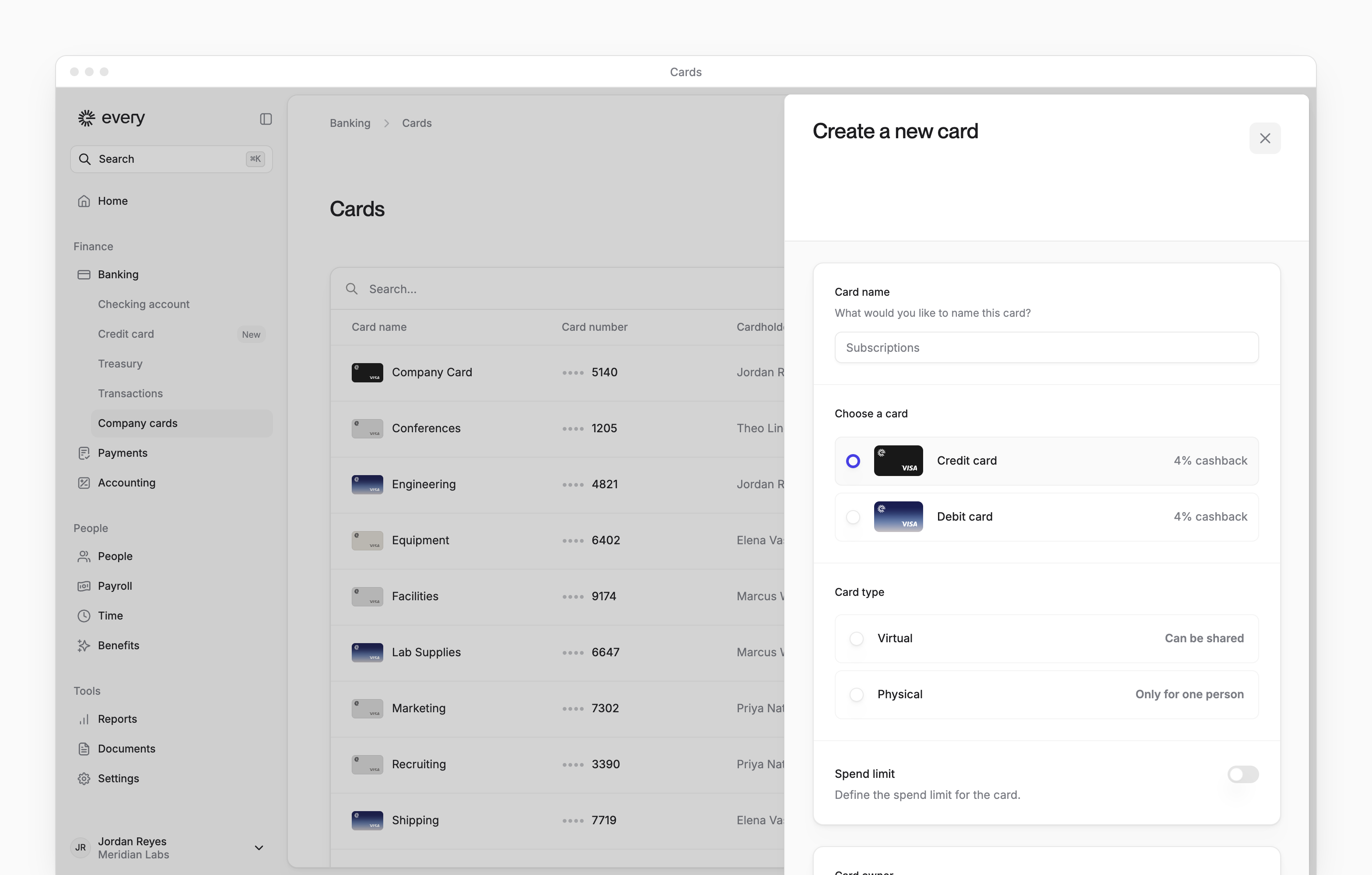 The Create a new card sheet, with the card name, credit or debit, card type, spend limit and card owner.