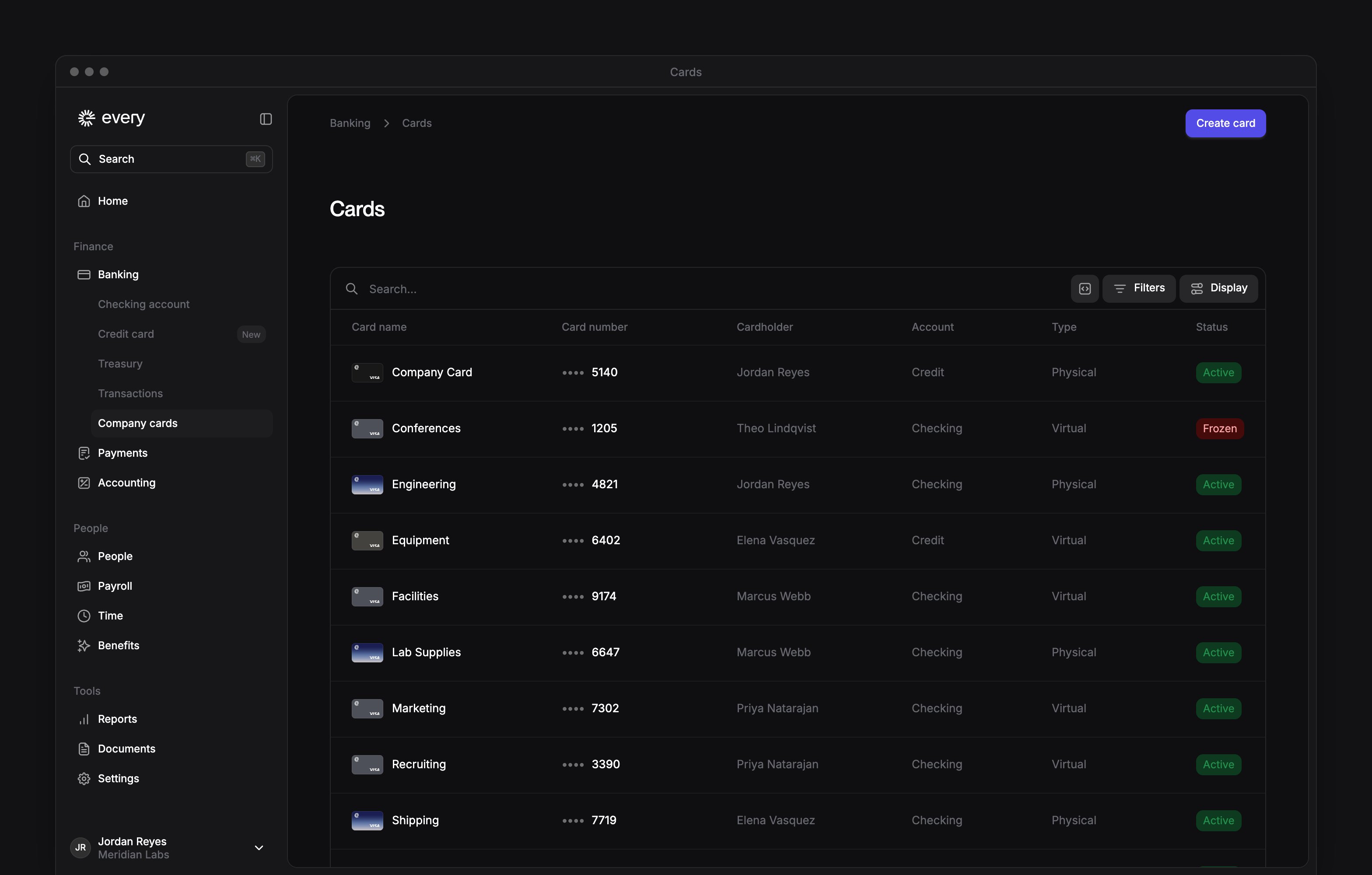 The Cards page, listing the company's cards with their numbers, cardholders, type and status.