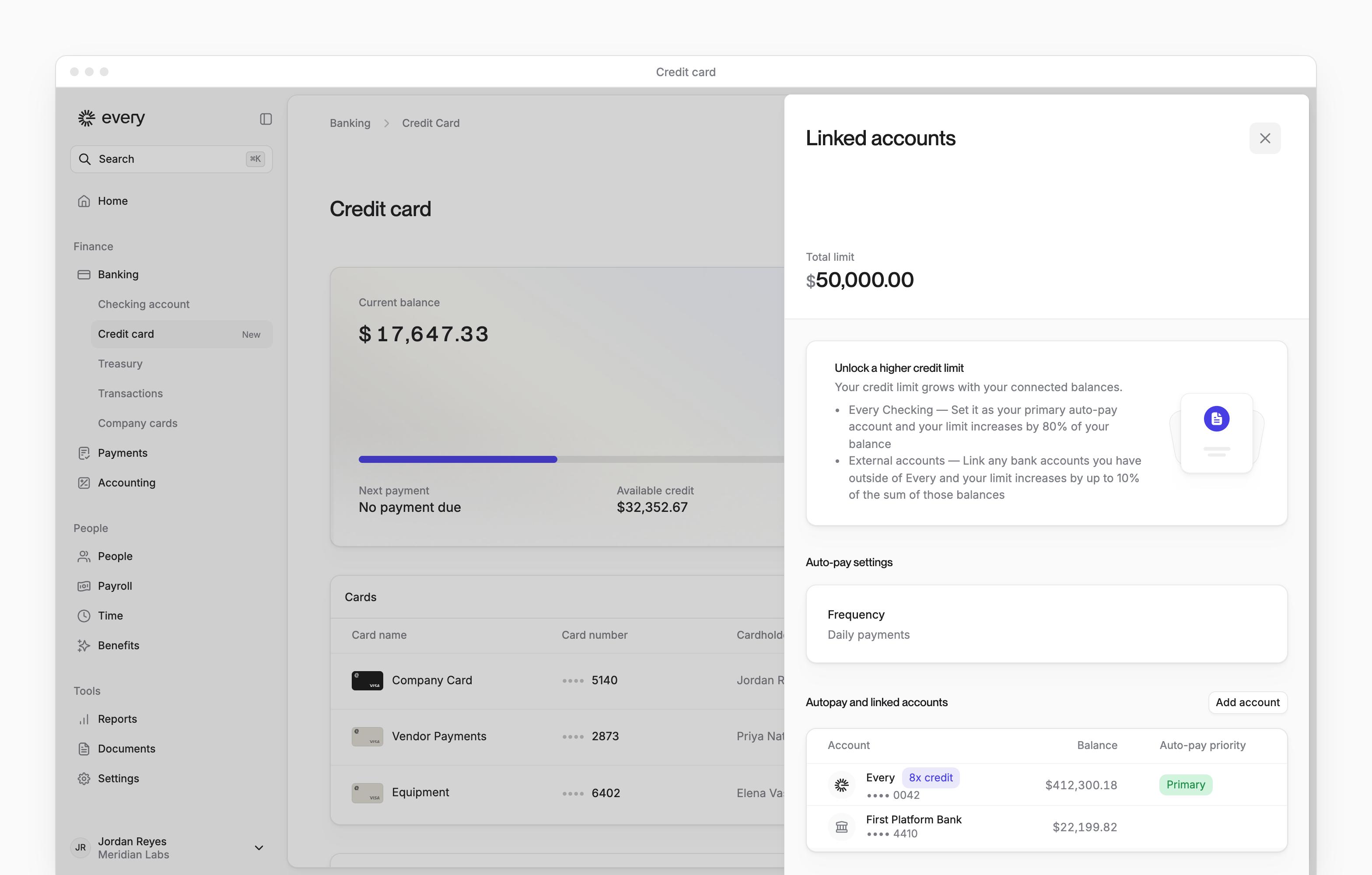 The Linked accounts sheet on the Credit card page, with the total limit, auto-pay settings and the accounts that repay it.