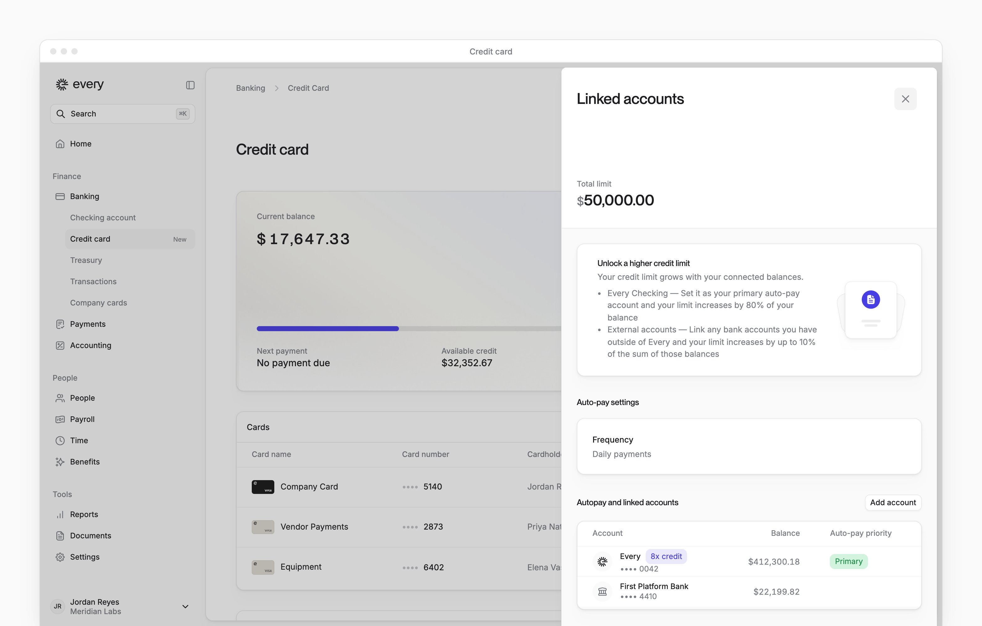The Linked accounts sheet on the Credit card page, with the total limit, auto-pay settings and the accounts that repay it.