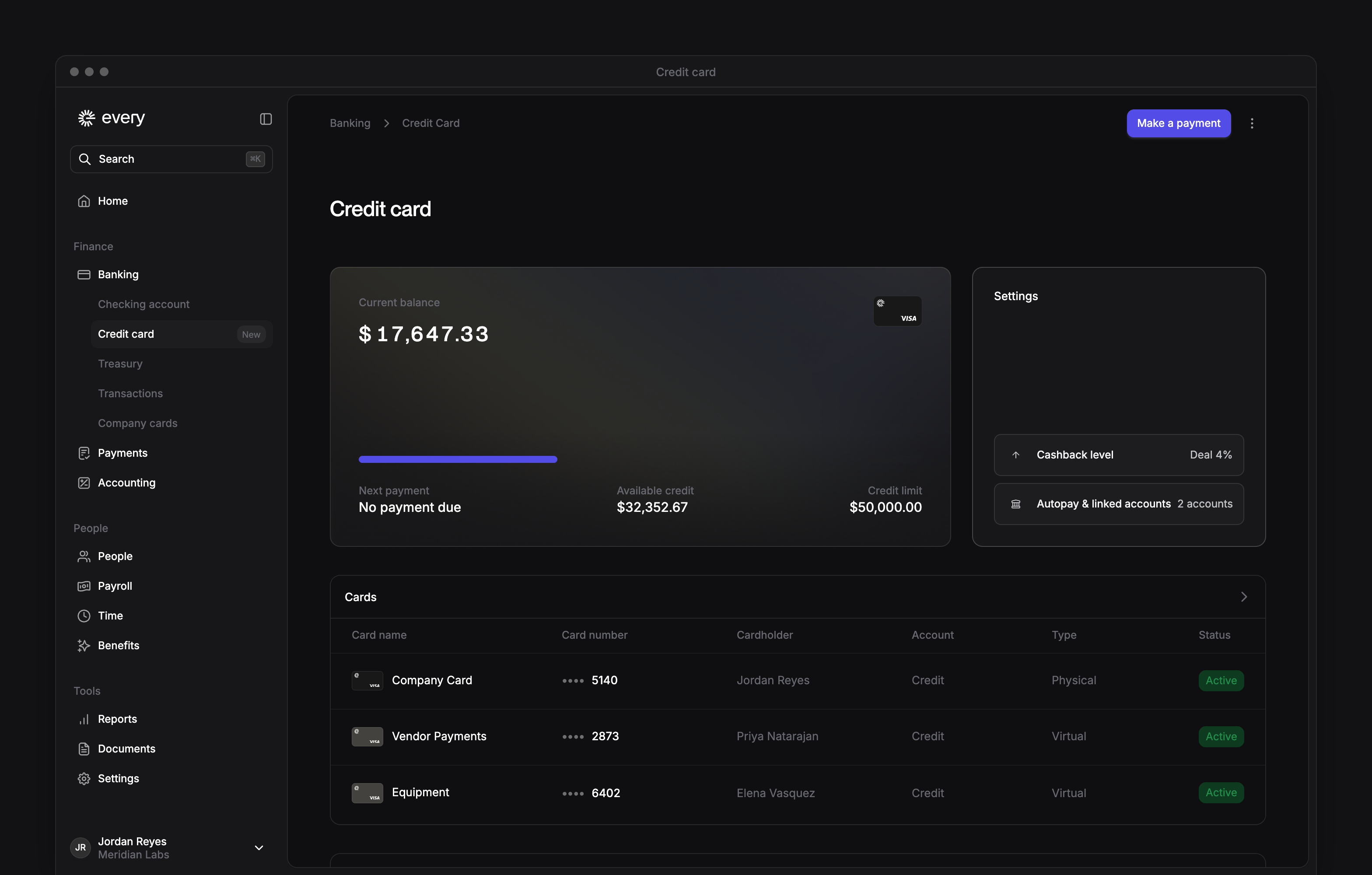 The Credit card page, with the current balance, available credit and credit limit, Settings and the account's cards.