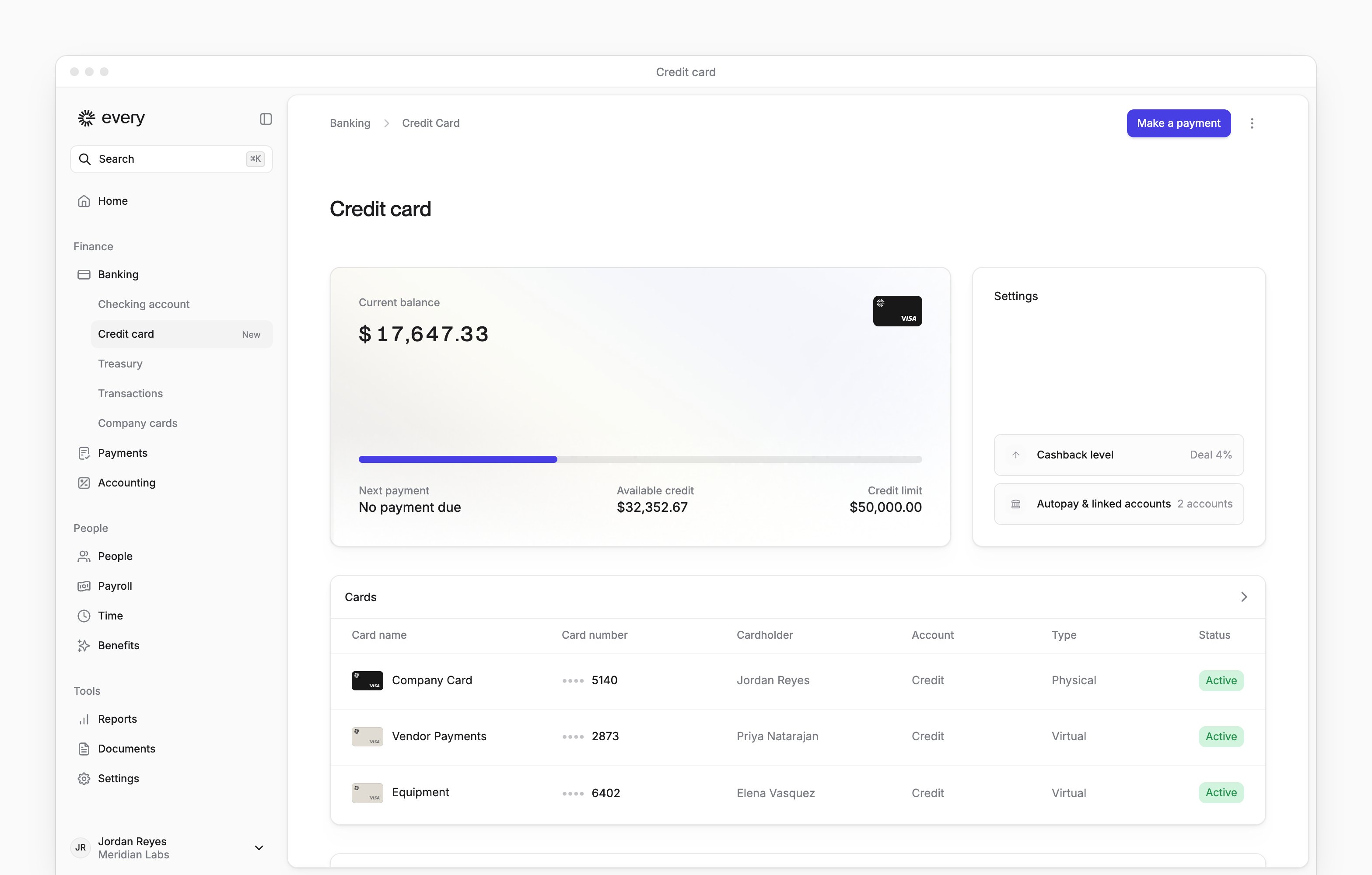 The Credit card page, with the current balance, available credit and credit limit, Settings and the account's cards.
