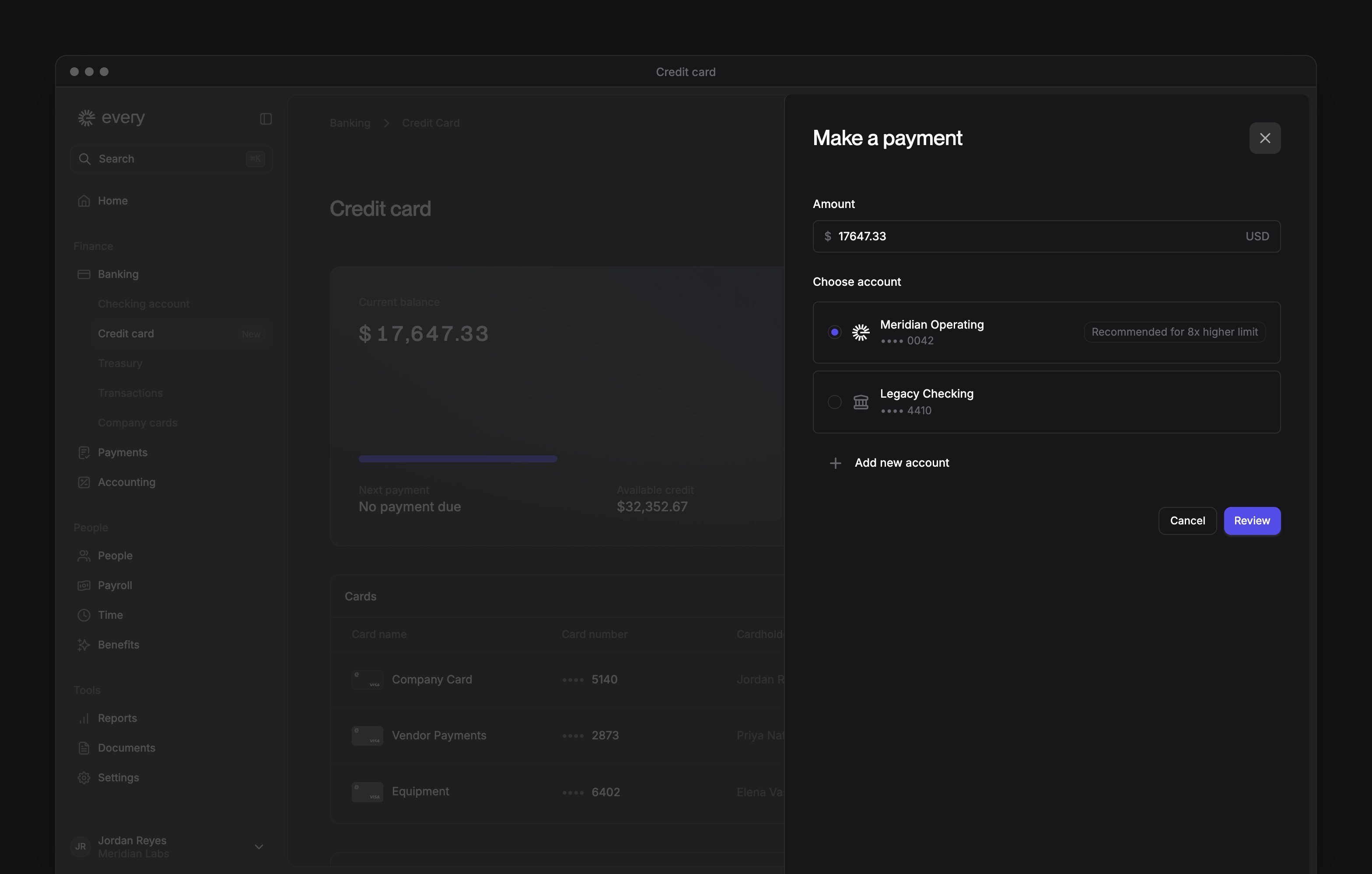 The Make a payment sheet on the Credit card page, with the amount to pay and the account to pay from.
