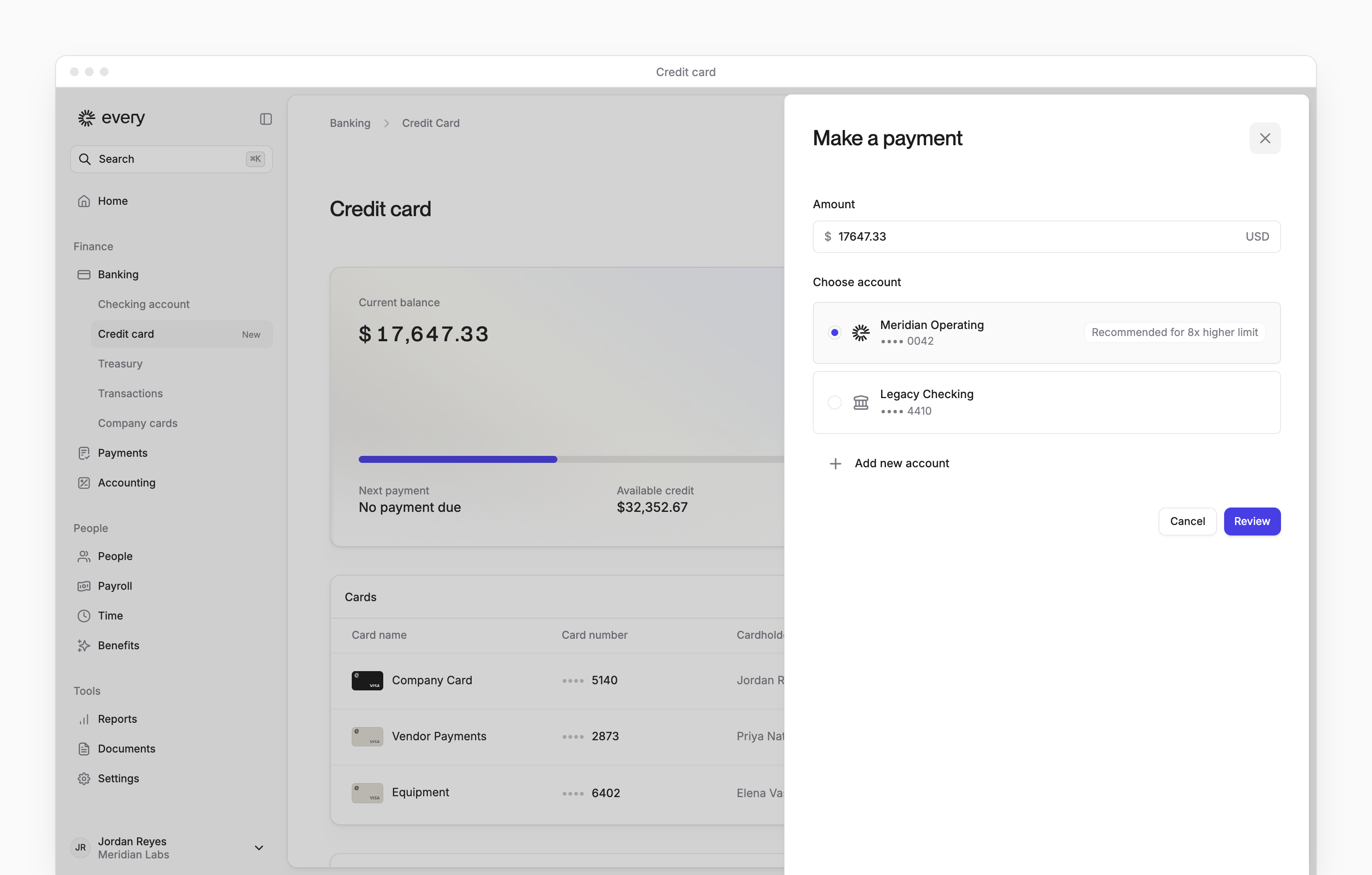 The Make a payment sheet on the Credit card page, with the amount to pay and the account to pay from.
