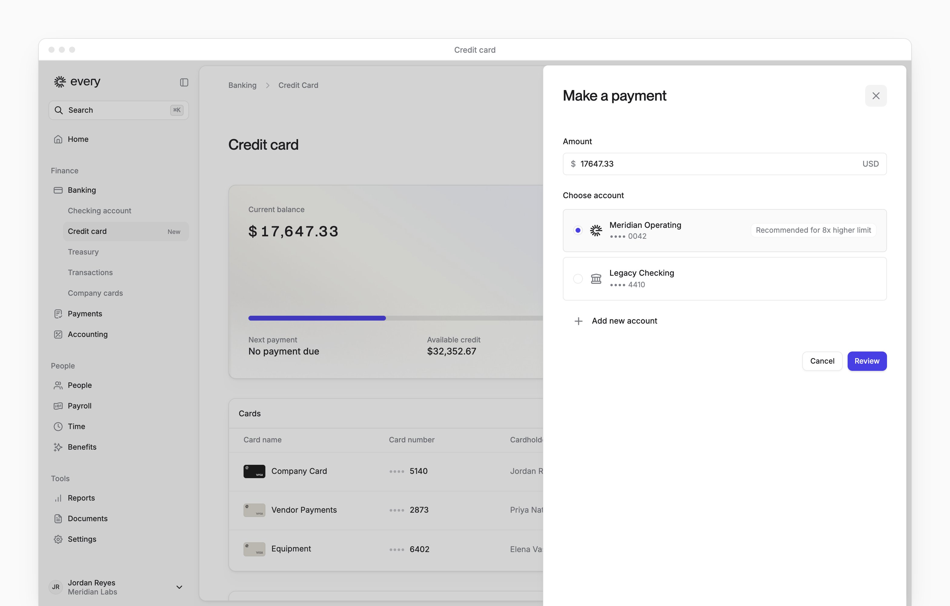 The Make a payment sheet on the Credit card page, with the amount to pay and the account to pay from.
