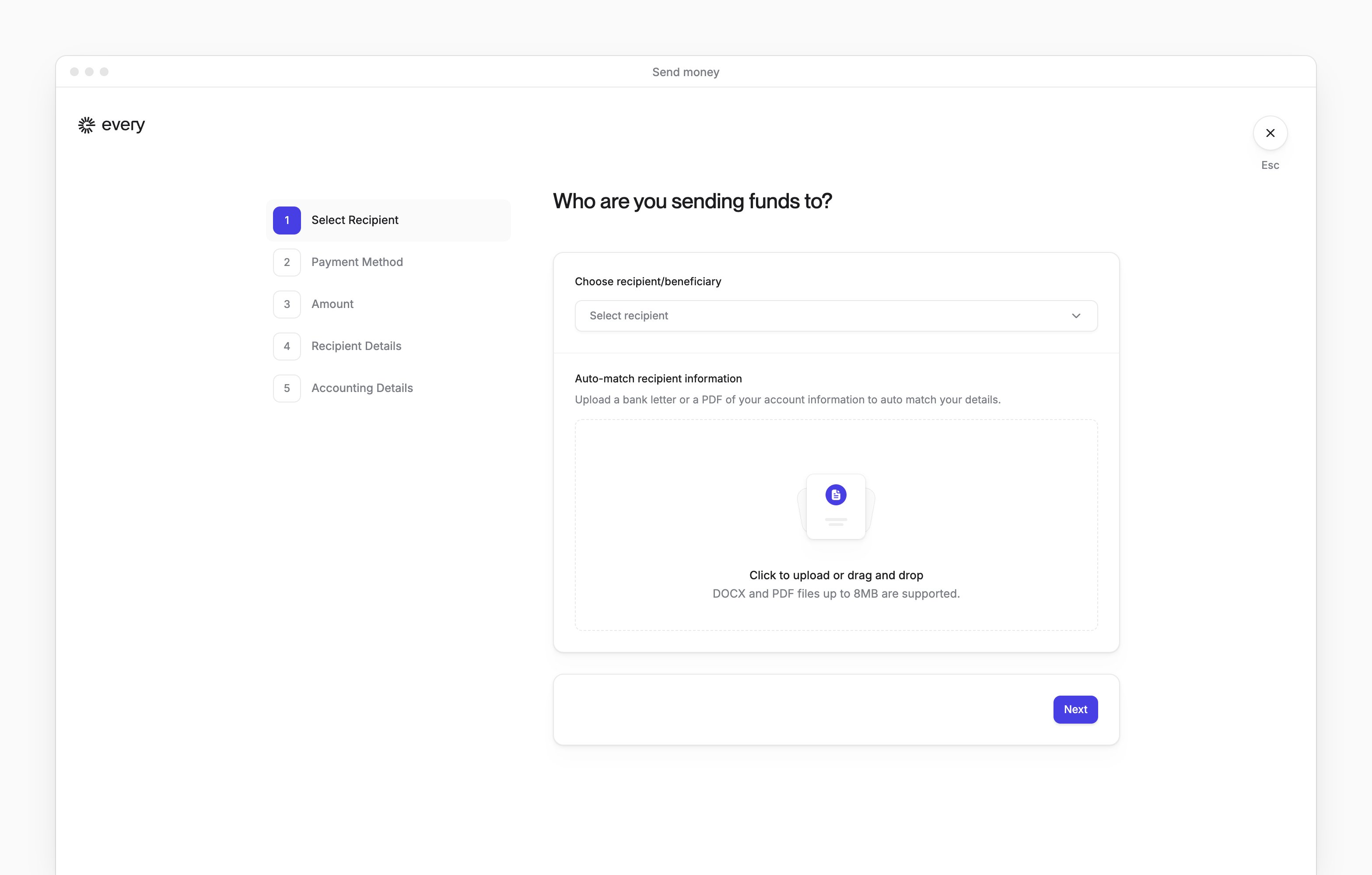 The first step of Send money, choosing a recipient, with the payment method, amount and details steps still to come.