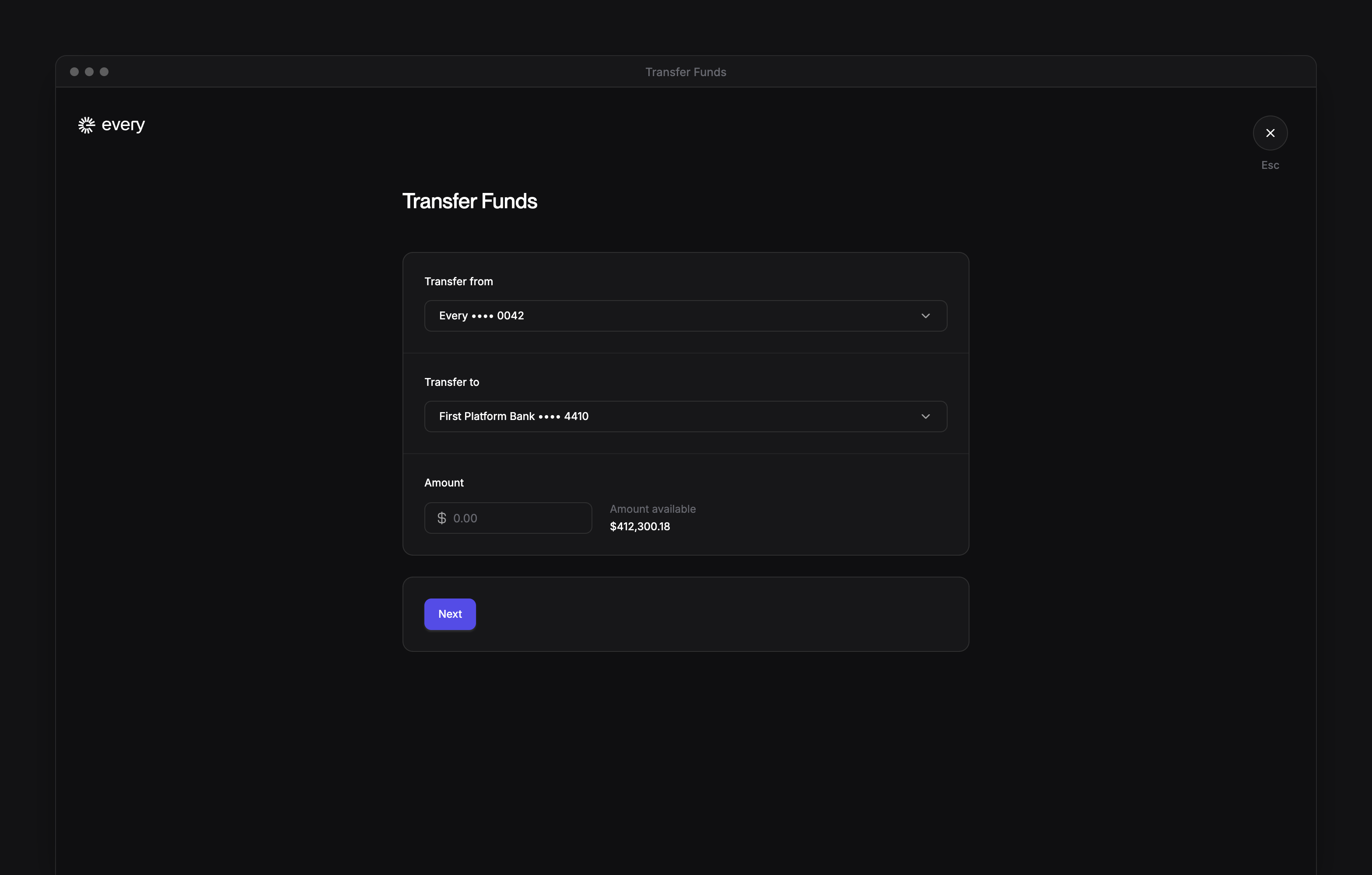 The Transfer Funds screen, with the accounts to transfer from and to and the amount.