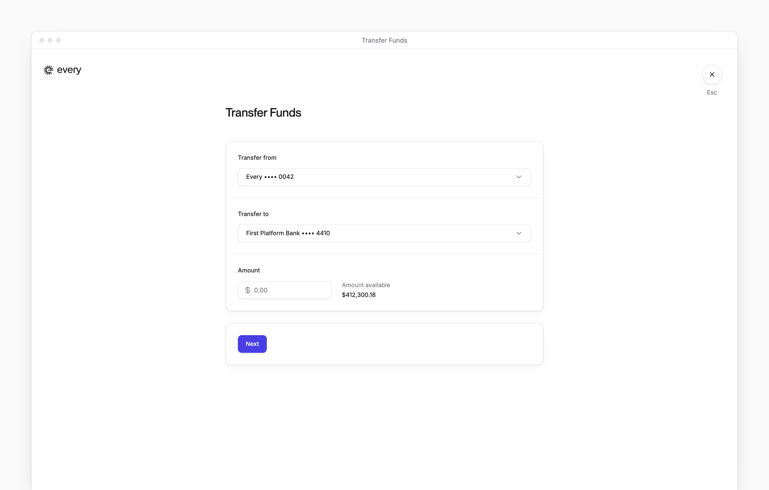The Transfer Funds screen, with the accounts to transfer from and to and the amount.