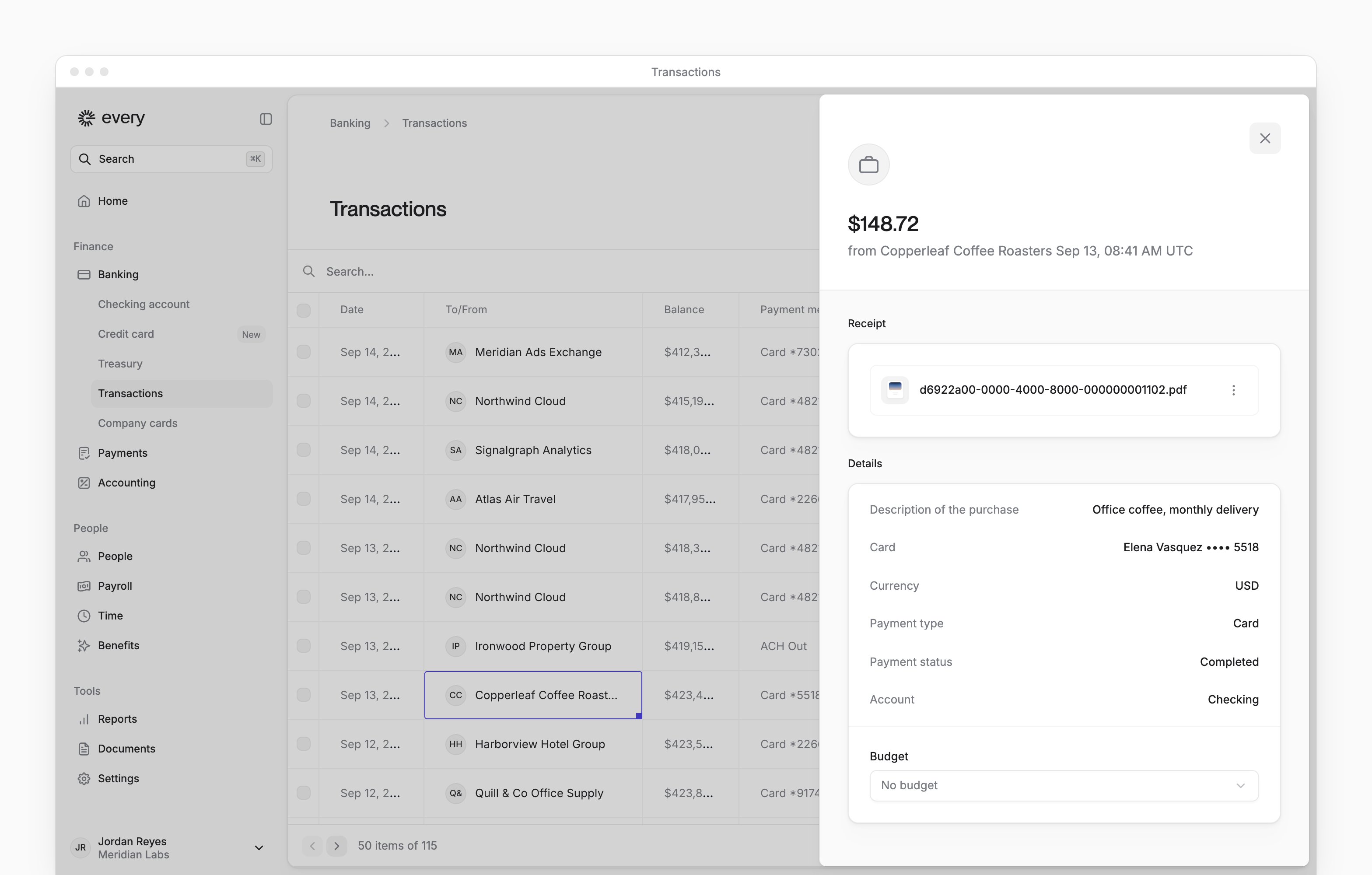 A card purchase's details on the Transactions page, with its receipt, description, card and payment status.