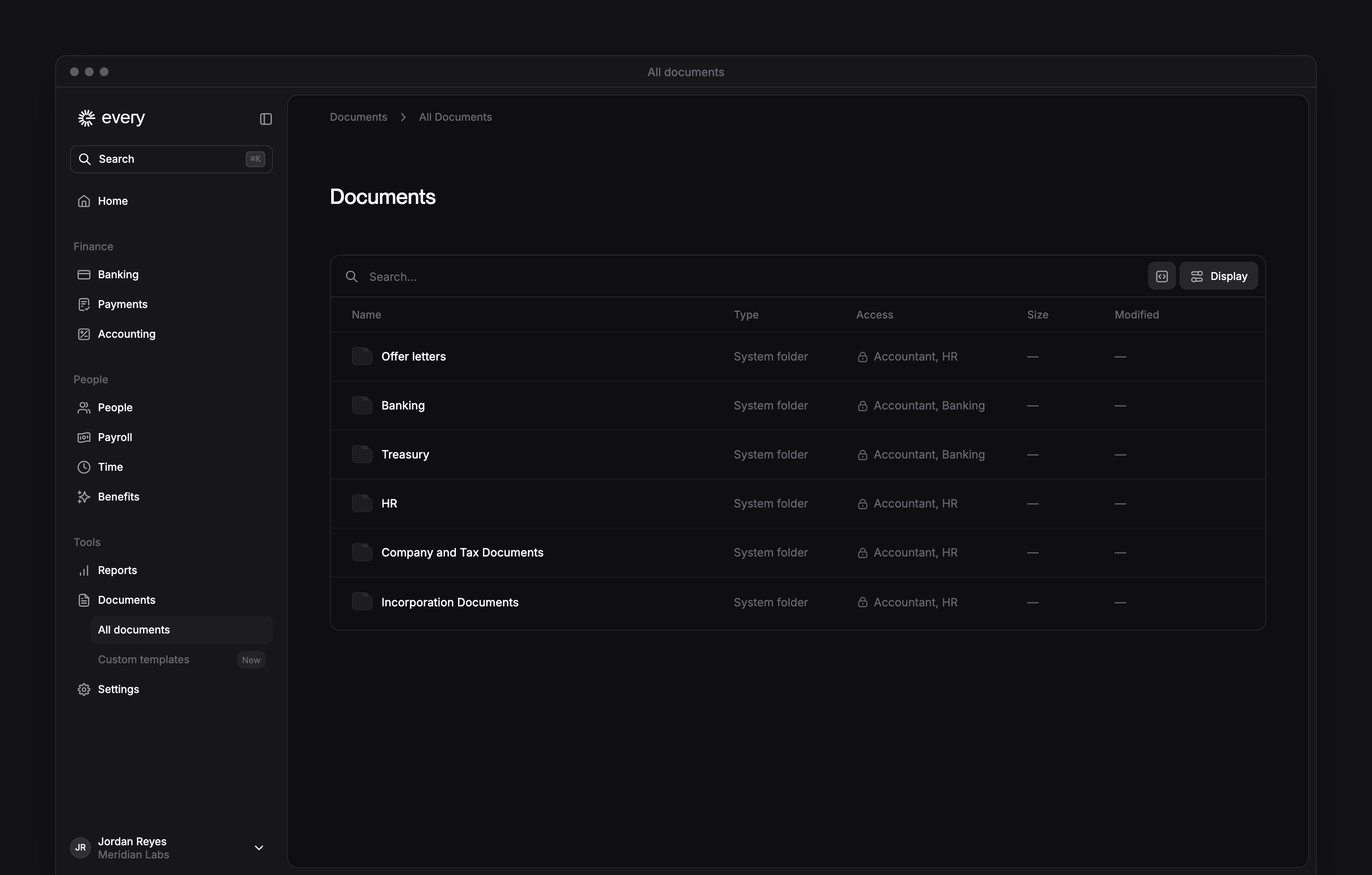 All documents with company records grouped into folders and the Documents sidebar visible.