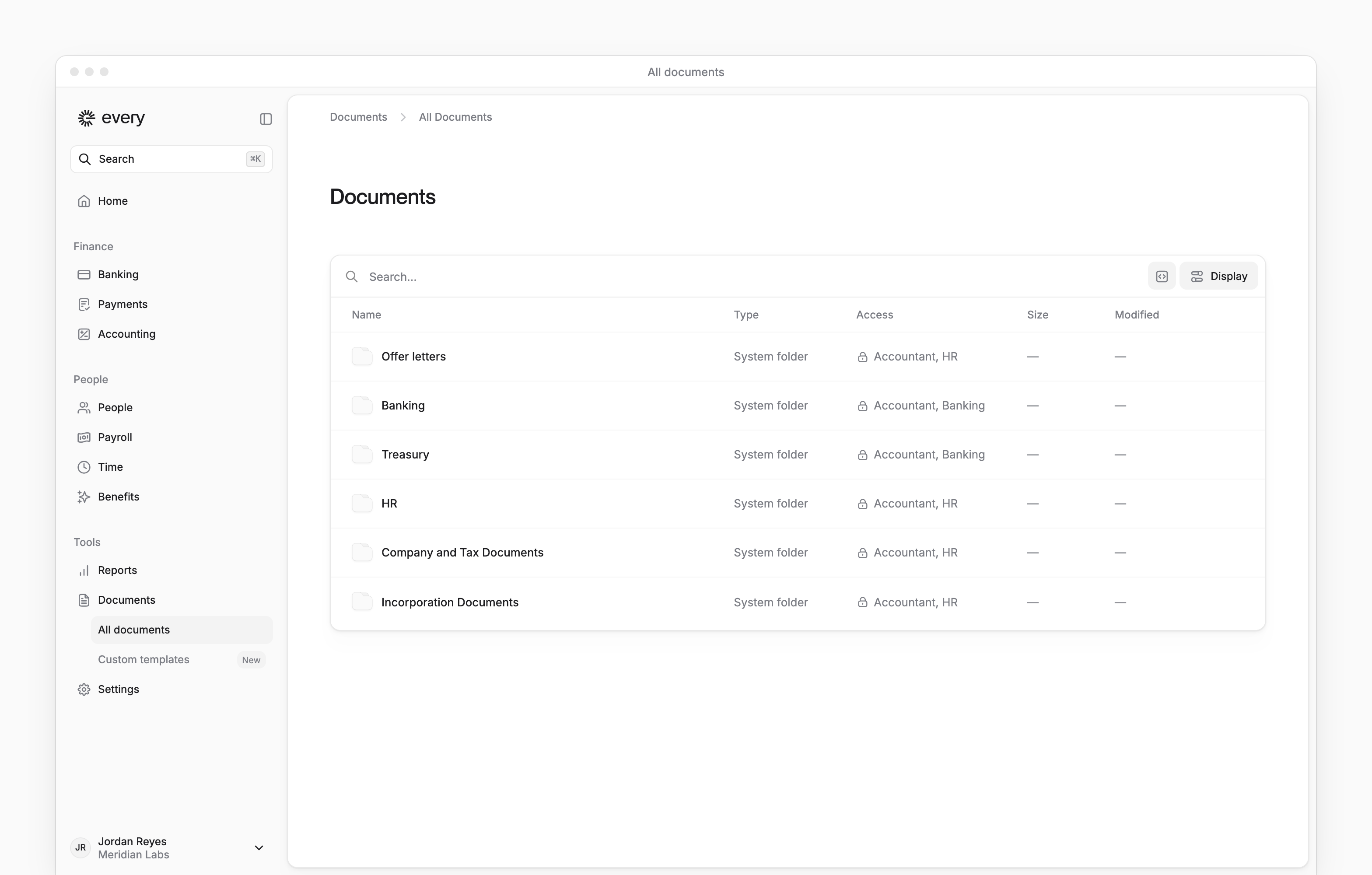 All documents with company records grouped into folders and the Documents sidebar visible.