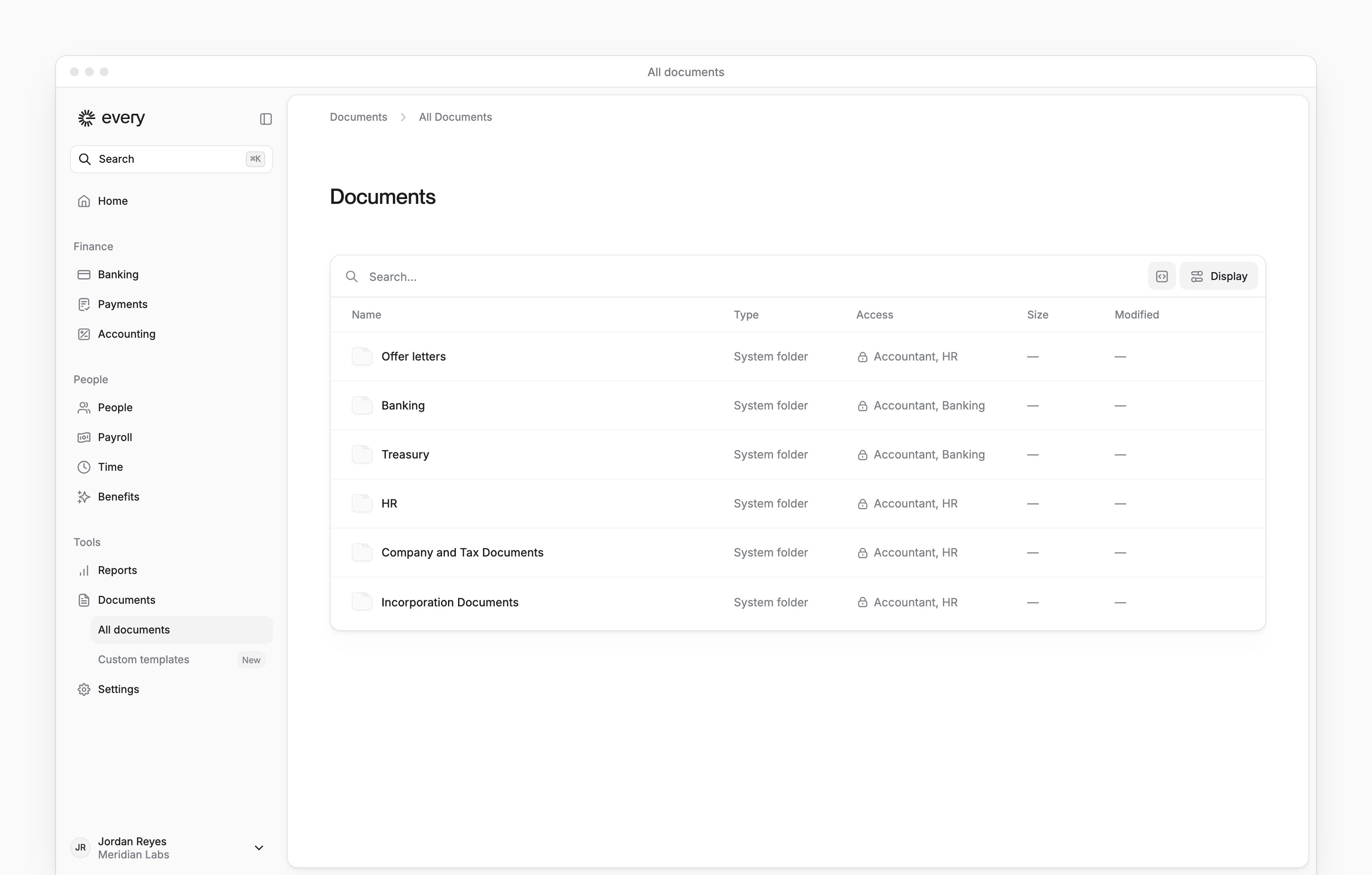 All documents with company records grouped into folders and the Documents sidebar visible.