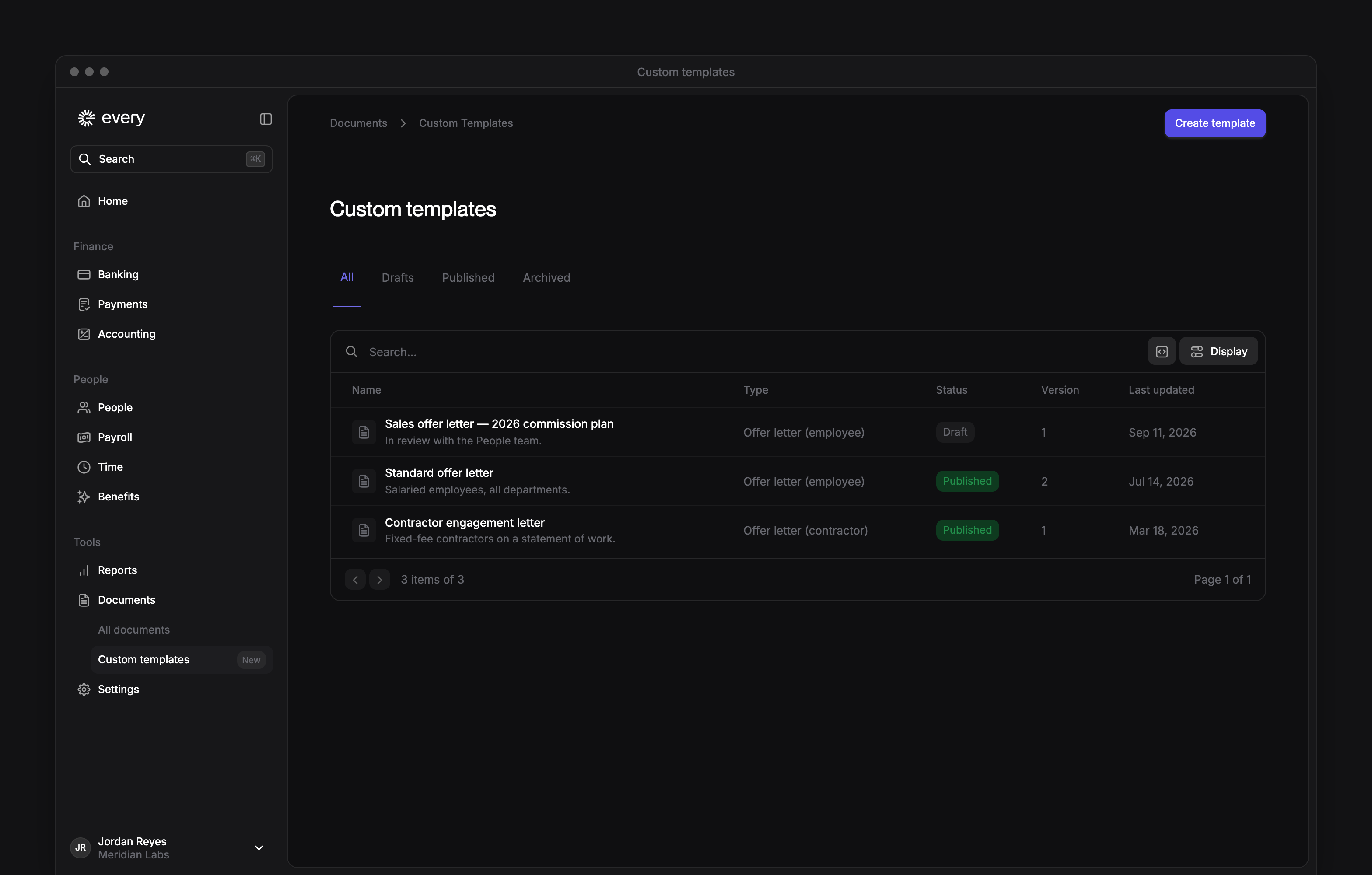 Custom templates with employee and contractor offer letters, their statuses and the Create template button.