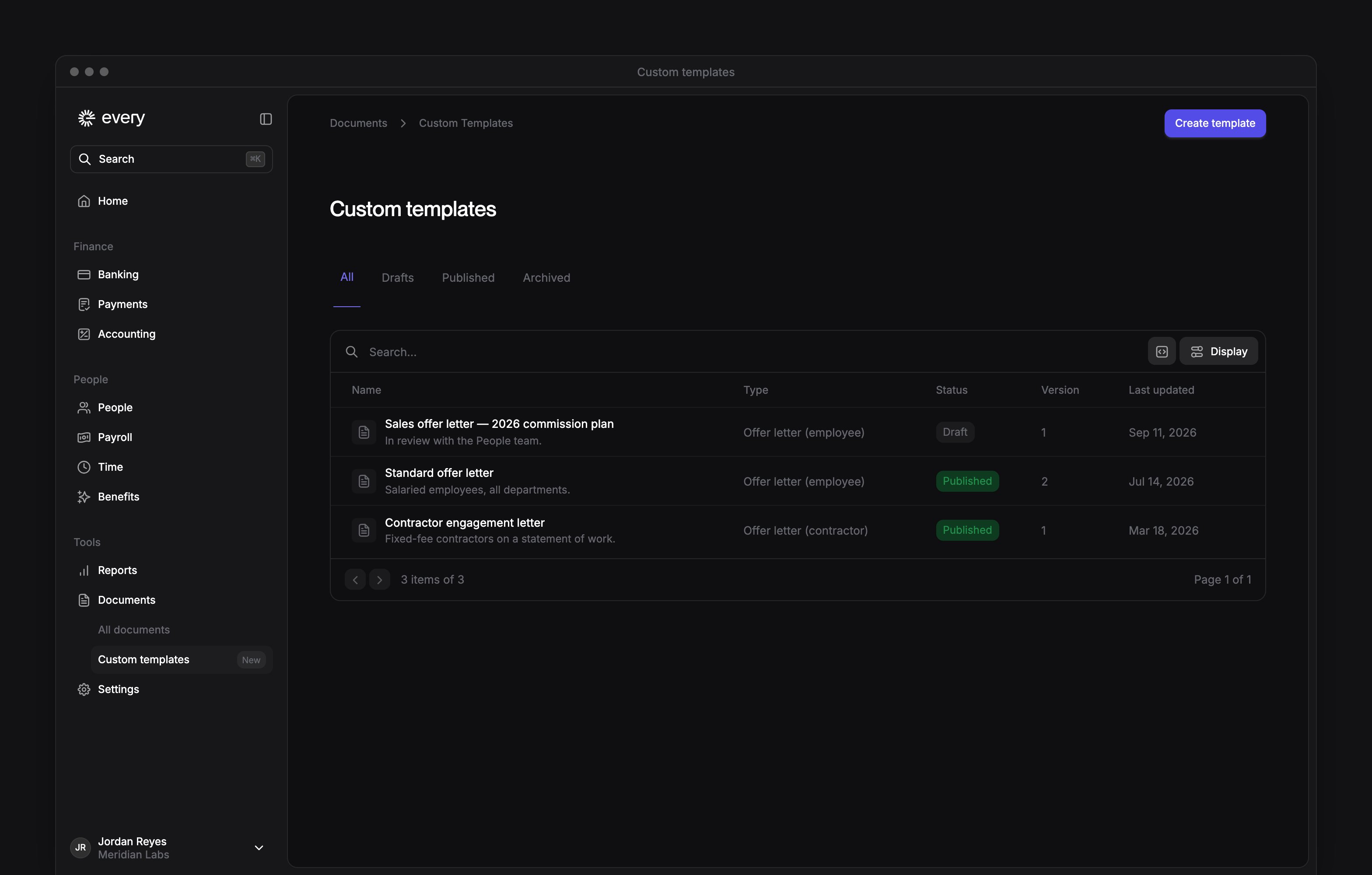 Custom templates with employee and contractor offer letters, their statuses and the Create template button.