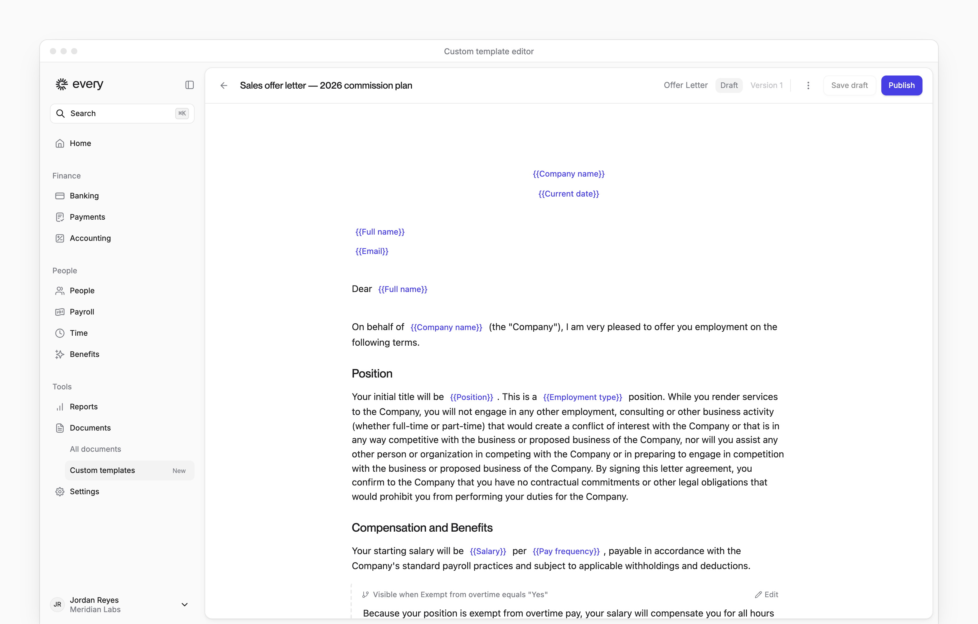 Offer letter draft with variables in the letter and the Save draft and Publish controls above it.