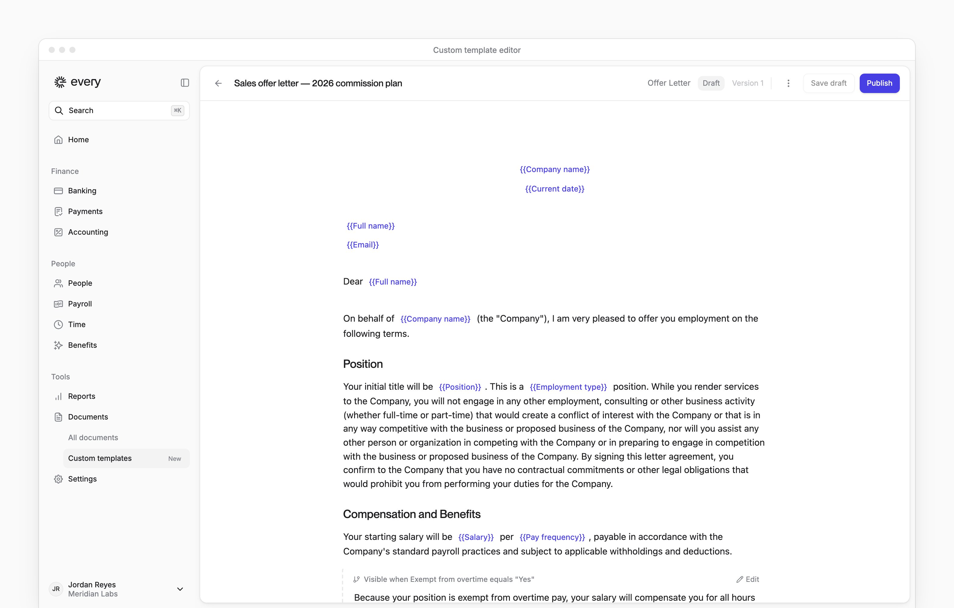 Offer letter draft with variables in the letter and the Save draft and Publish controls above it.