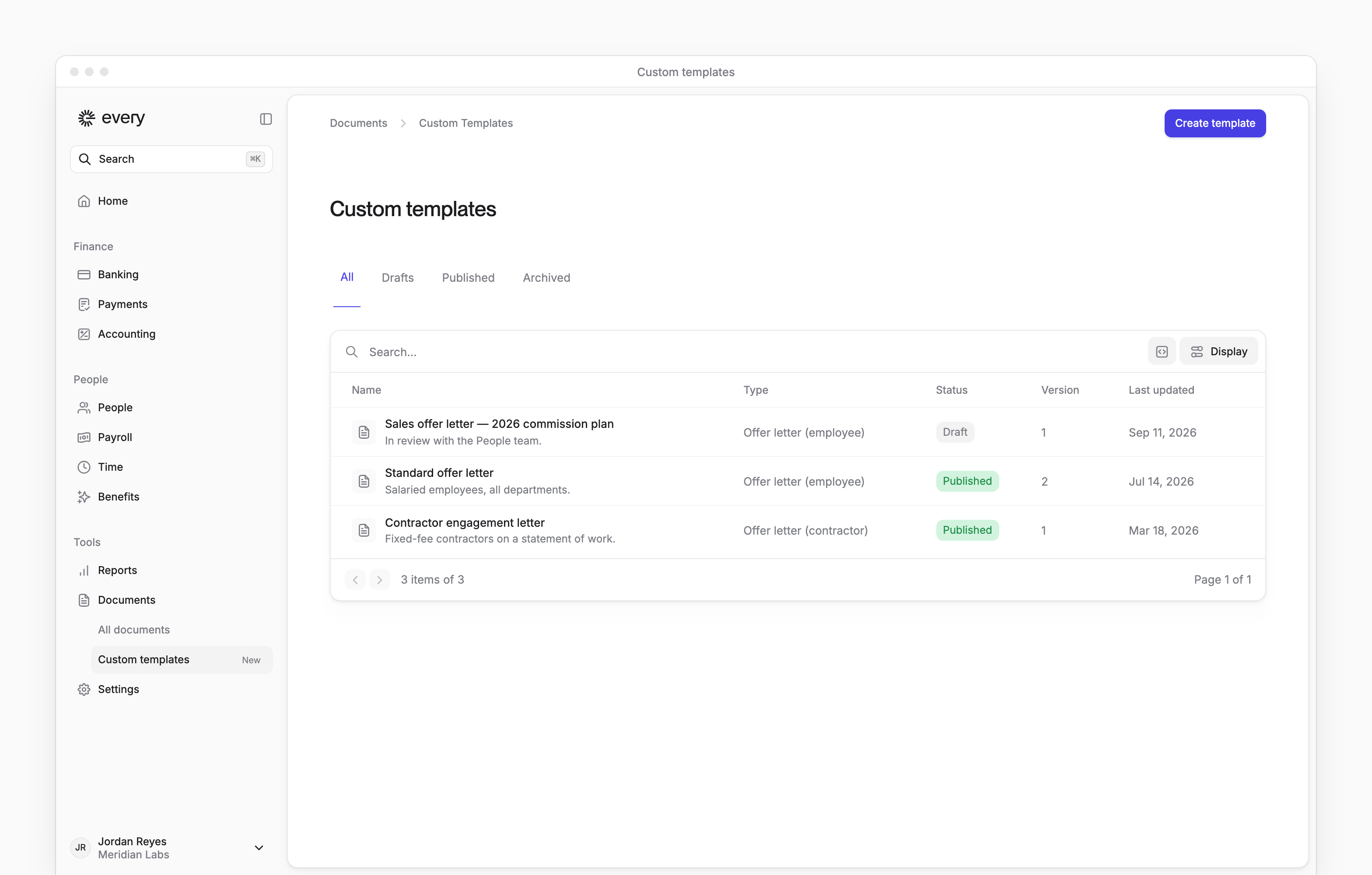 Custom templates with employee and contractor offer letters, their statuses and the Create template button.