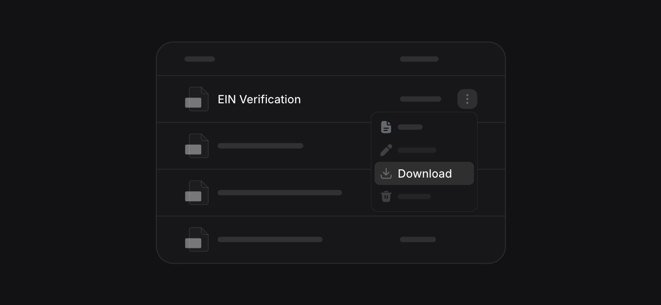 EIN Verification in a document folder, with its row menu open on Download.