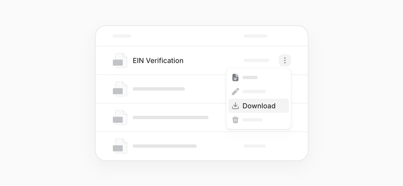 EIN Verification in a document folder, with its row menu open on Download.