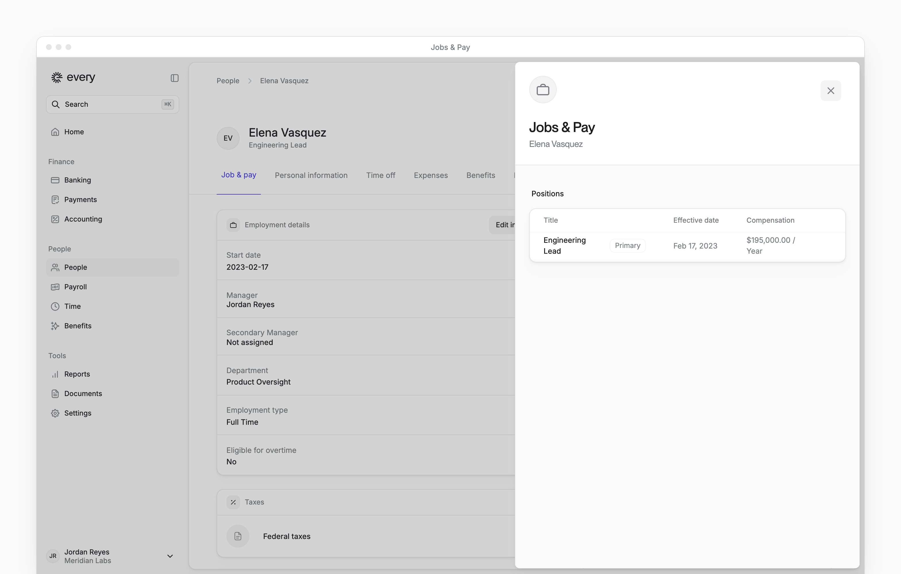 Jobs & Pay editor on a person's profile, with one position, its effective date and compensation.