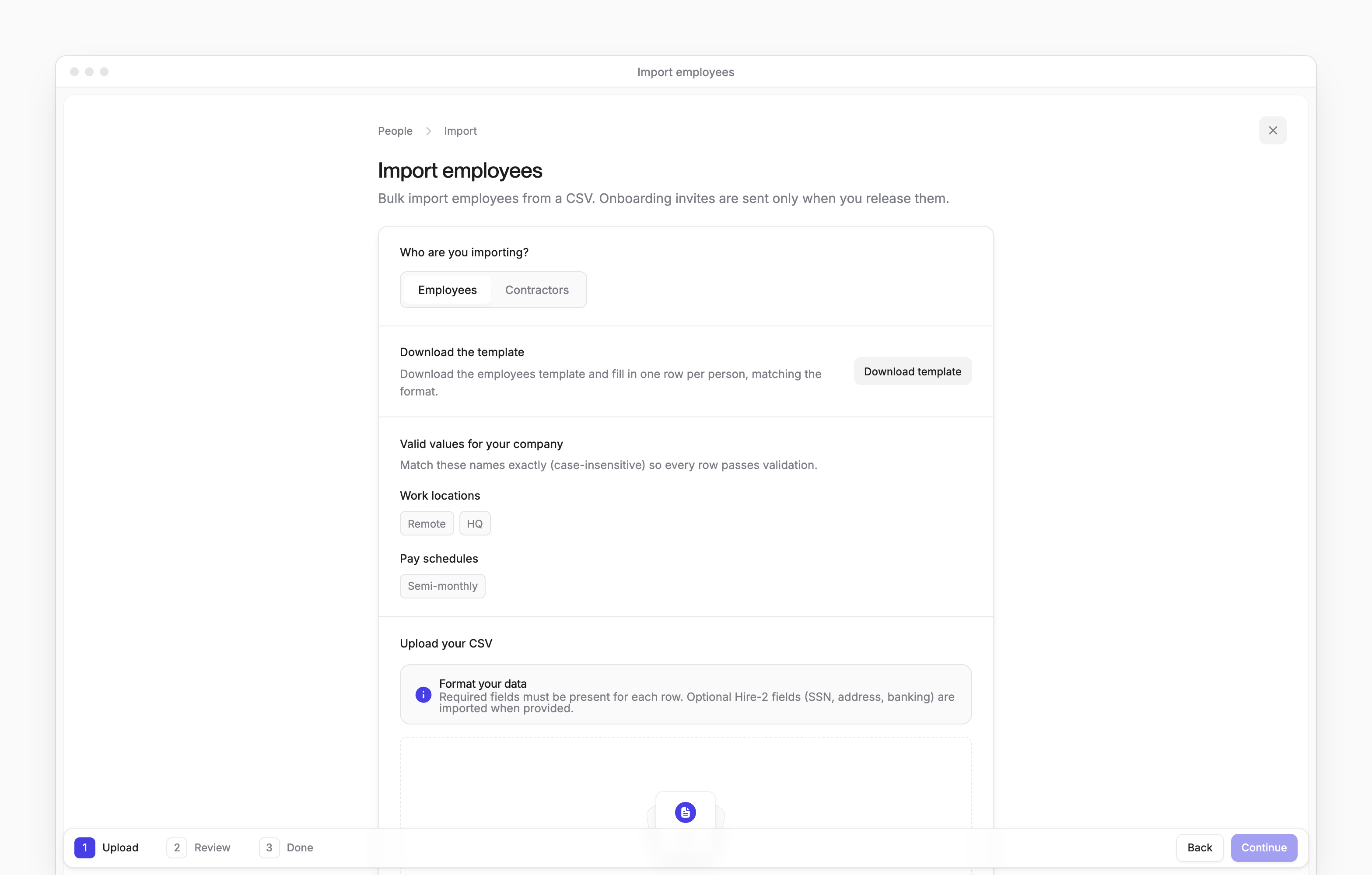 Import employees, with employee and contractor choices, a CSV template, valid company values and the upload area.