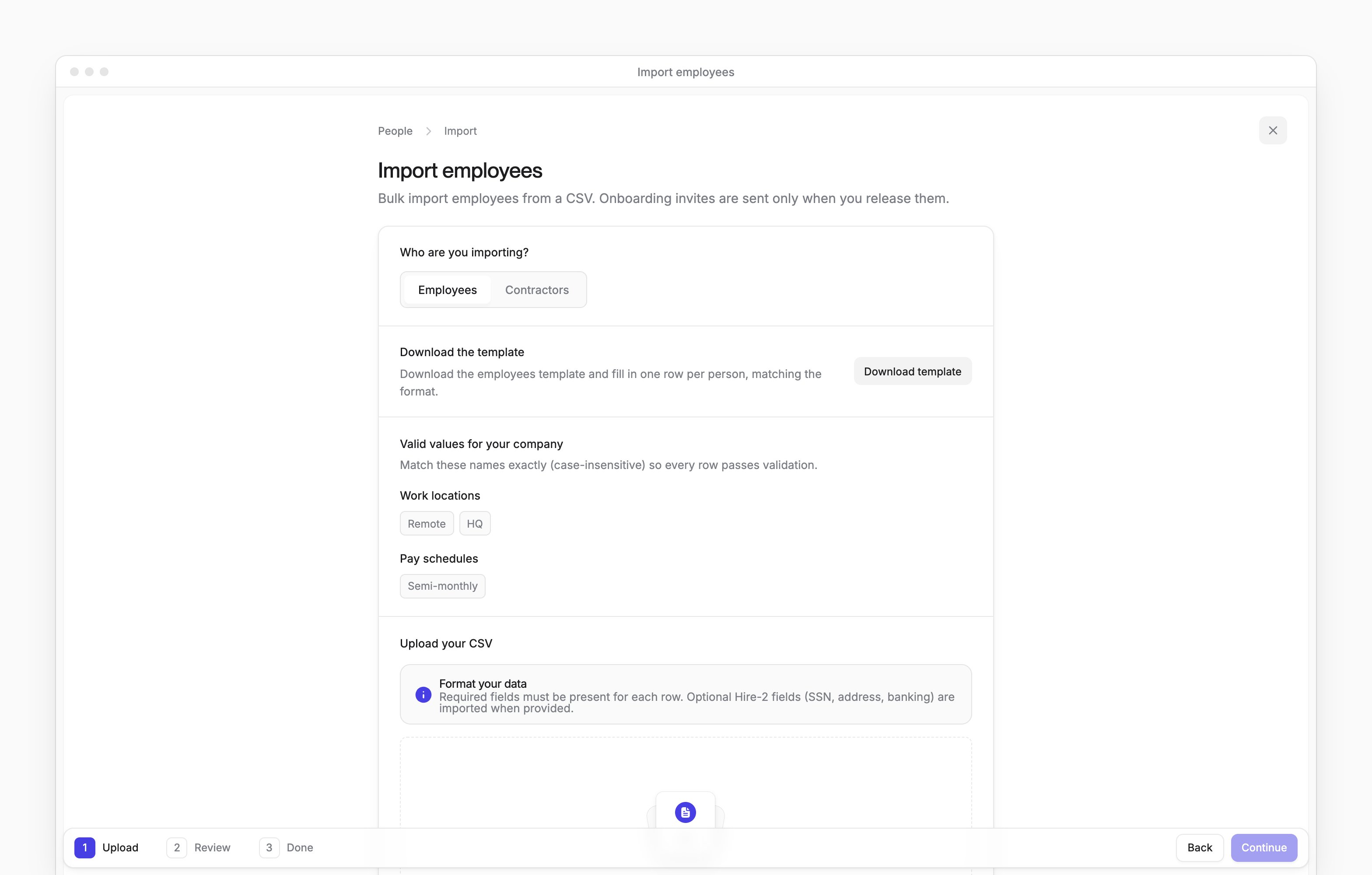 Import employees, with employee and contractor choices, a CSV template, valid company values and the upload area.