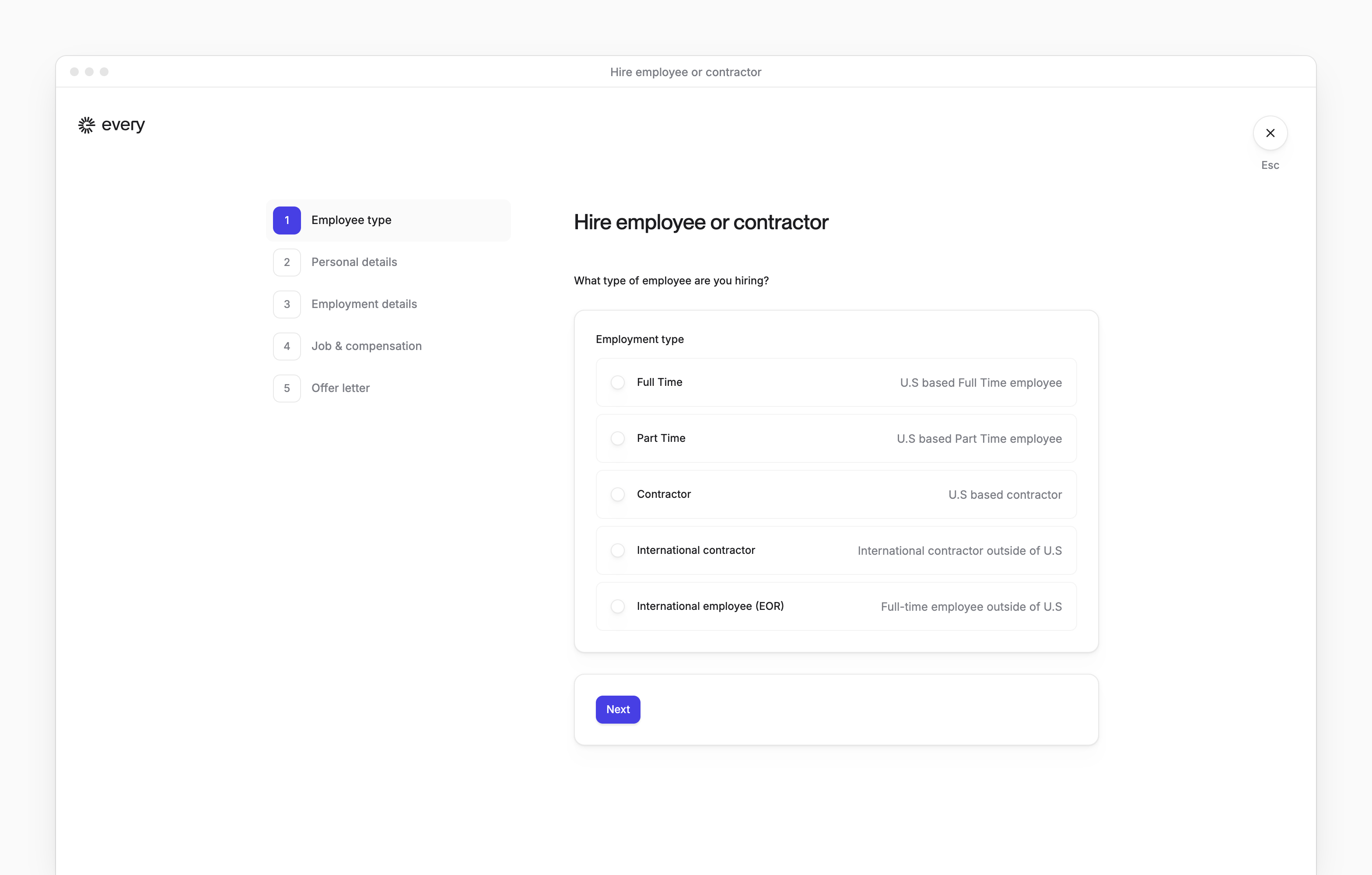 Hire employee or contractor, with the employment types and the steps for adding a person.