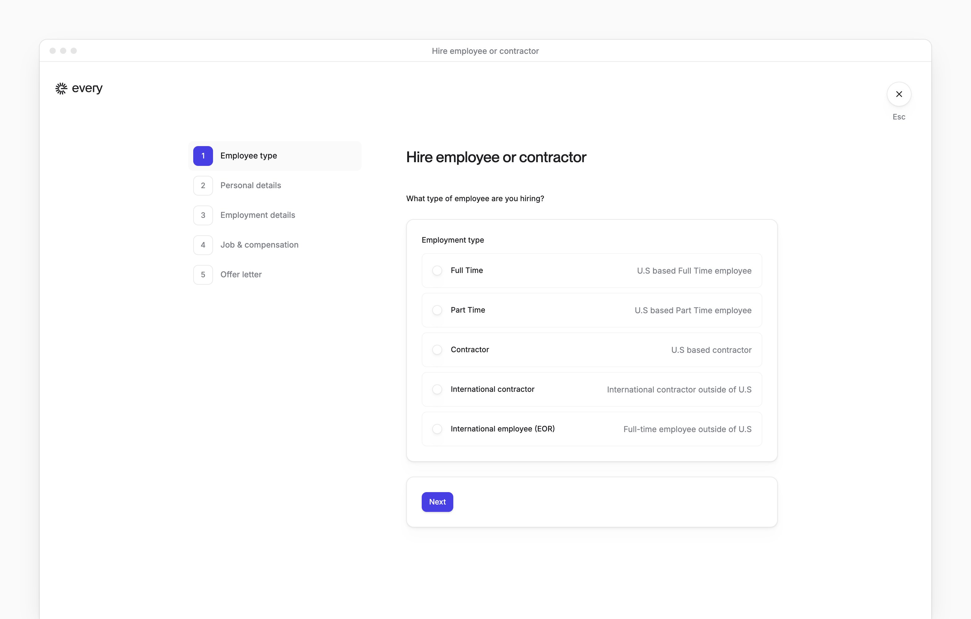 Hire employee or contractor, with the employment types and the steps for adding a person.