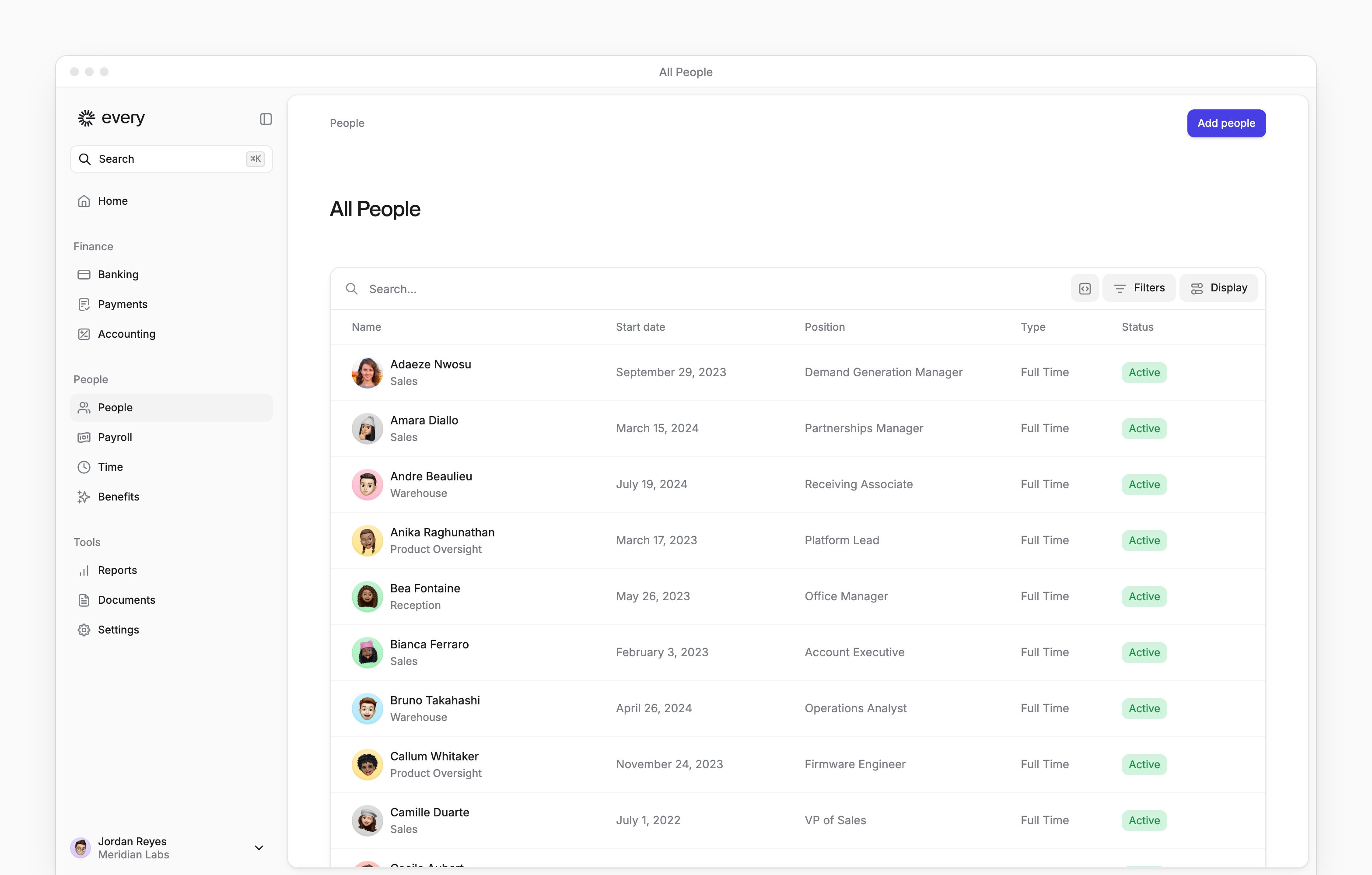 All People, with Add people and the directory's Name, Start date, Position, Type and Status columns.