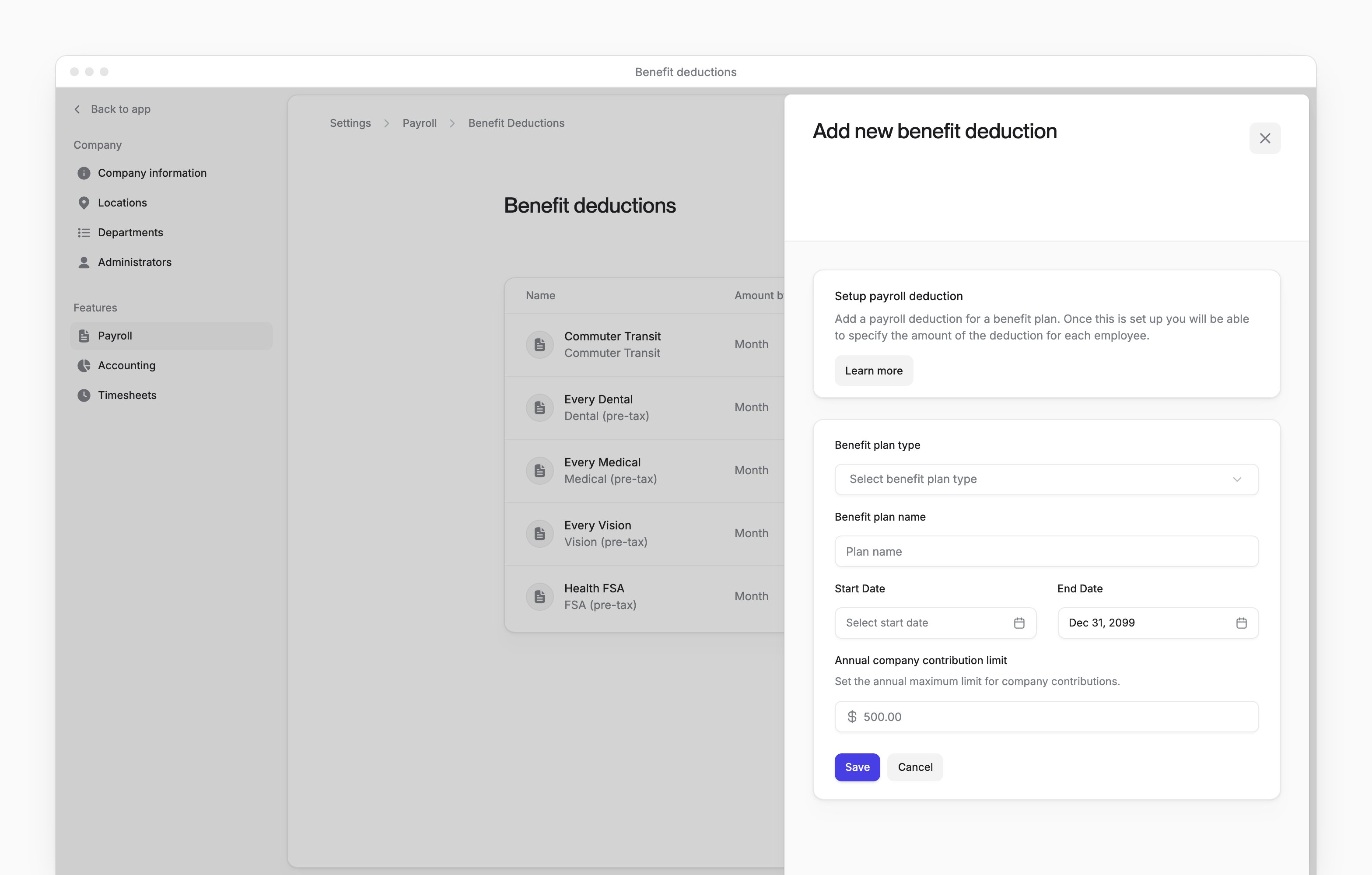 The Add new benefit deduction sheet, with the plan type, name, dates and annual company contribution limit.